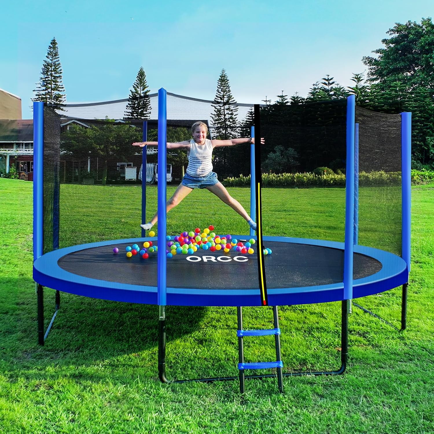 Zupapa Outdoor Backyard Trampoline with Safety Enclosure Net and Ladder (Blue, 14 ft) rnk8d