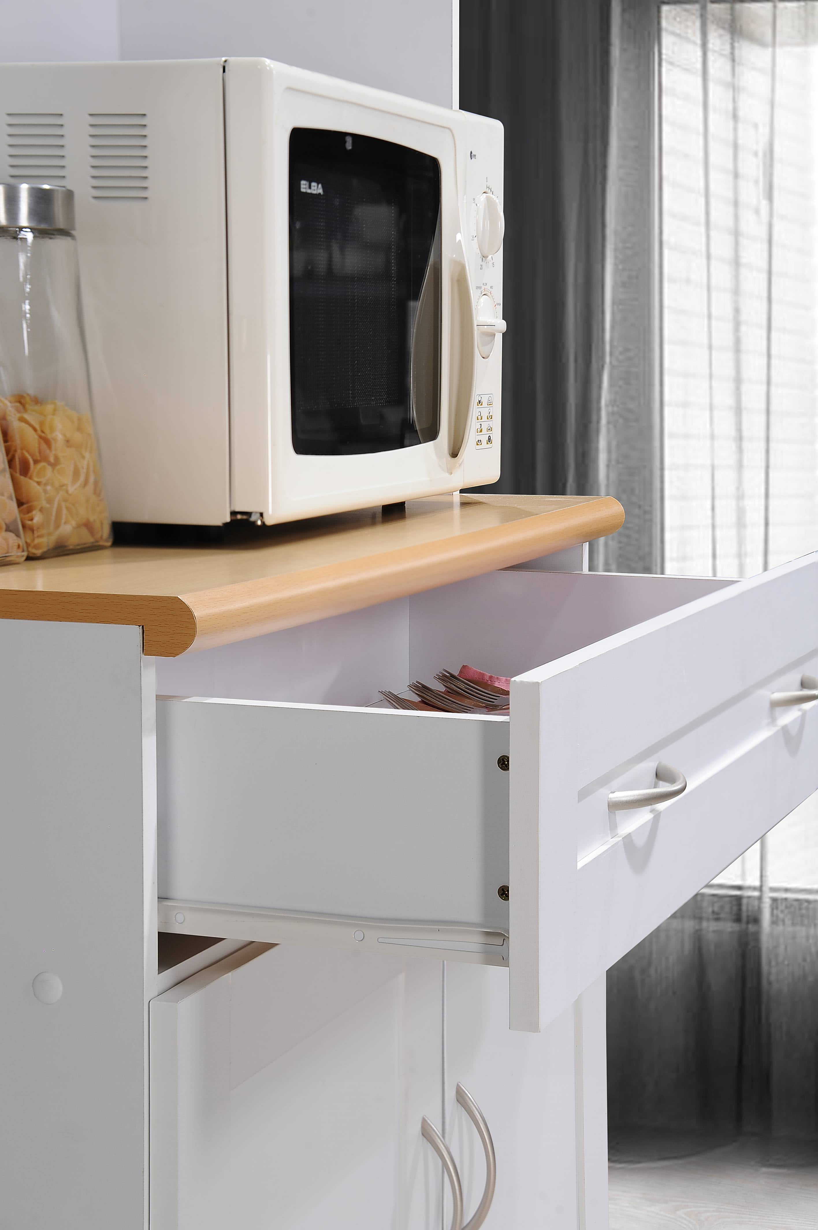 Hodedah Tall Free Standing Kitchen Cabinet with Microwave Storage and Drawer (White, 79 in. H x 32 in. W x 17 in. D) zf1pn