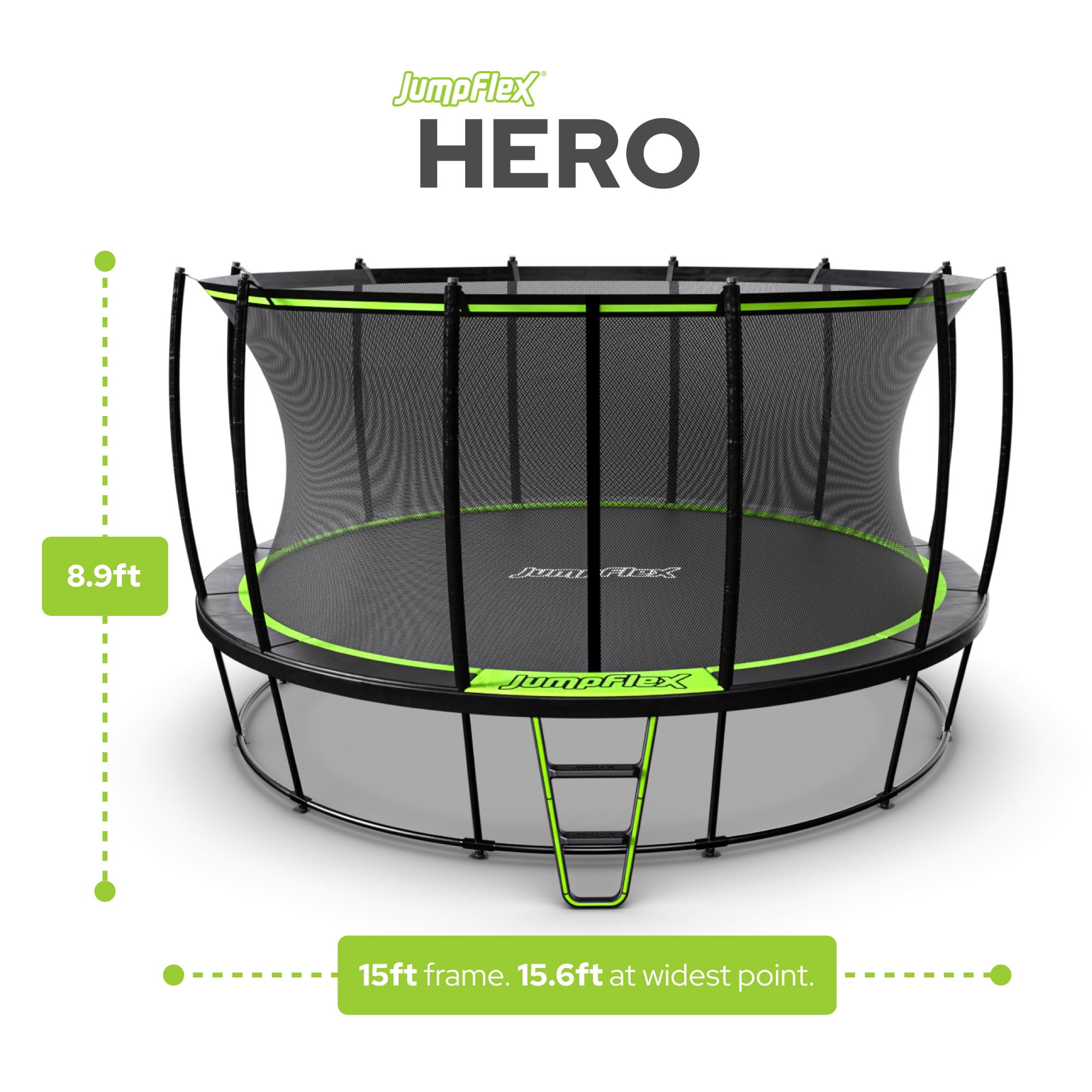 JumpFlex HERO Round Trampoline with Safety Net Enclosure and Ladder (Black/Green, 15 ft) 85dn0