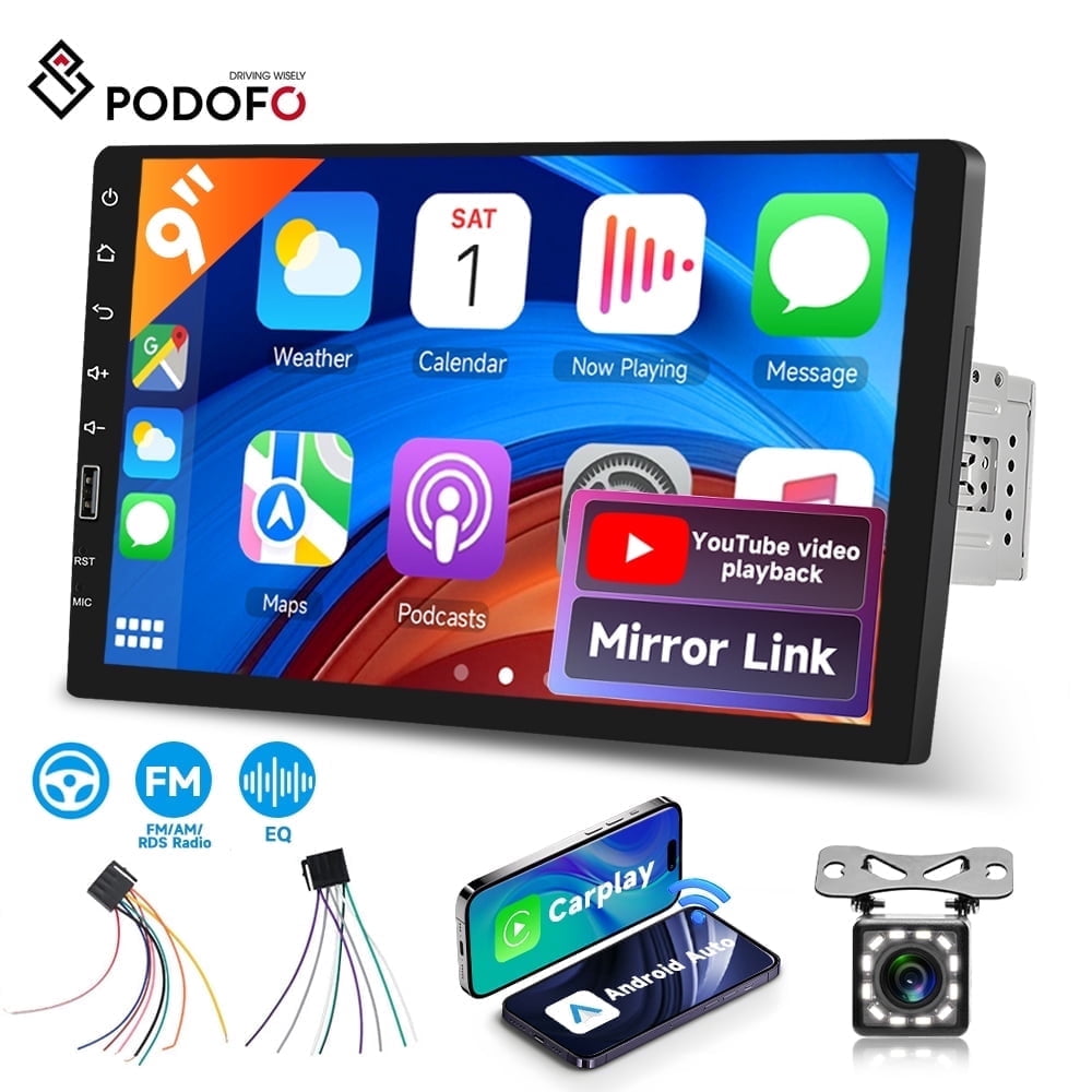 Podofo 9 in Single Din Car Stereo with Wireless CarPlay and Android Auto, Bluetooth, Mirror Link, and Backup Camera (9 in) 5egib