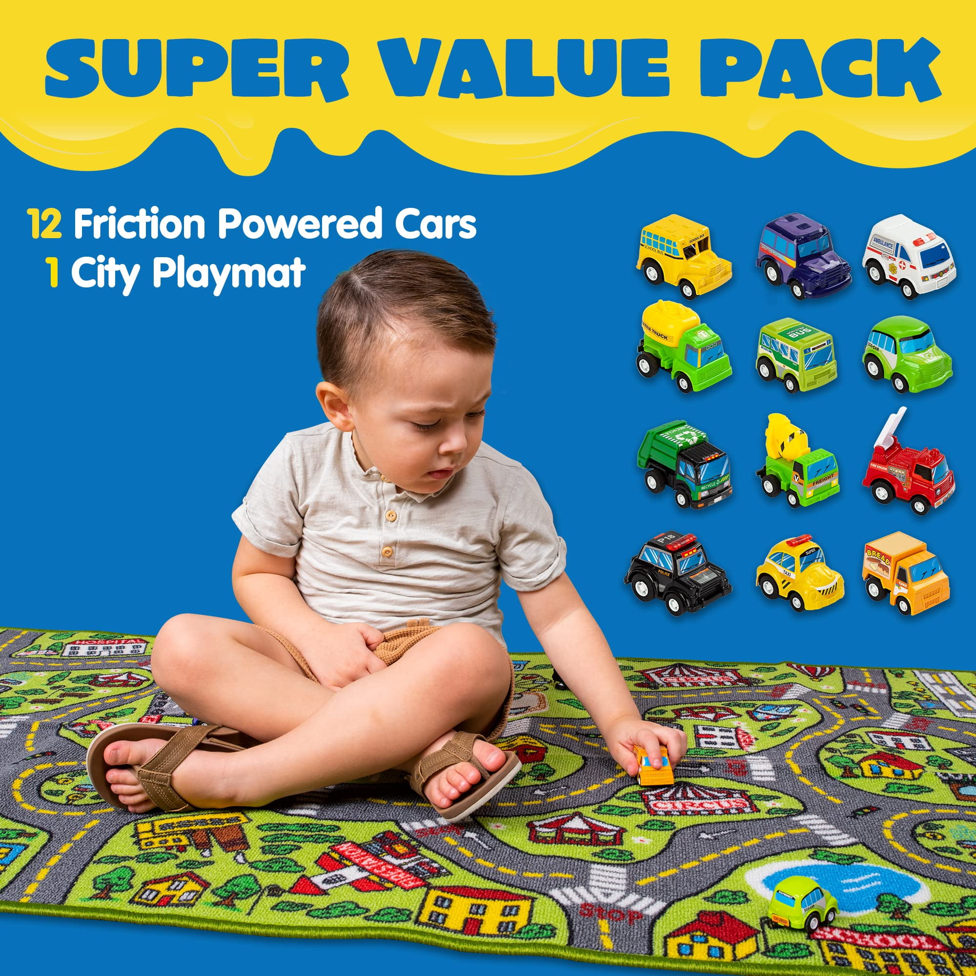 Joyfy City Theme Playmat Rug with 12 Mini Friction-Powered Vehicles (Multicolor, 58.5 in x 31.5 in) mfykd