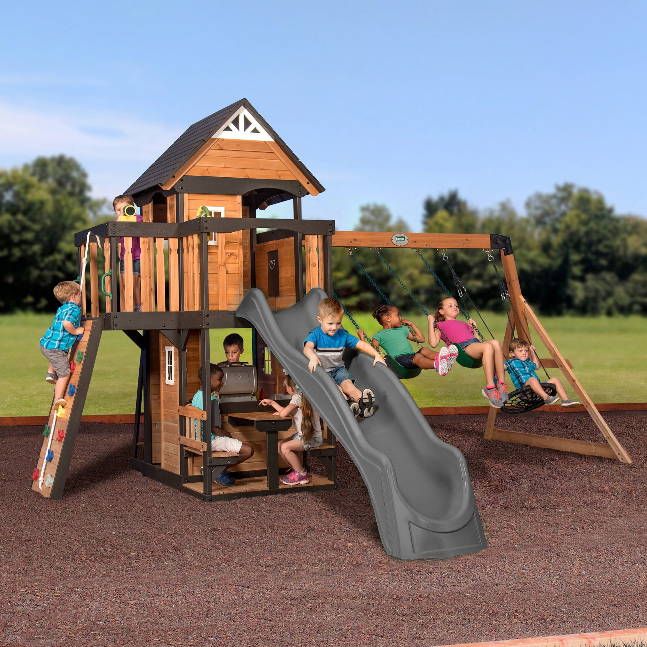 Backyard Discovery Canyon Creek Cedar Wood Swing Set with Clubhouse, Slide, and Rock Wall (Light Brown, 11-Child Capacity) jqat2