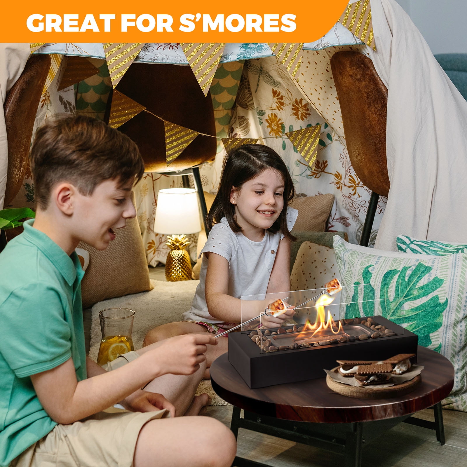 EAST FLAME Rectangular Tabletop Fire Pit with 2 Sided Tempered Glass, Portable Indoor Outdoor Fireplace (Beige, 13.8 in x 7.1 in x 8.3 in) 5wmgm