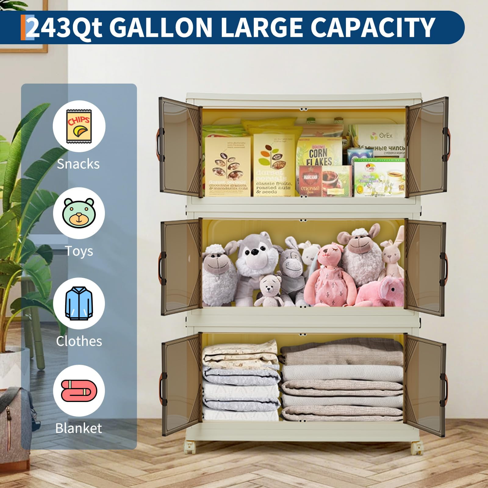 GOGRANT 3-Tier Stackable Storage Bins with Magnetic Doors and Wheels (Transparent Brown, 144QT) la7nw