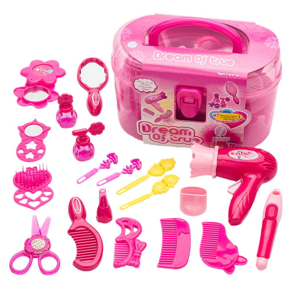 Somnr Kids Beauty Salon Pretend Play Makeup Kit with Carrying Case and Styling Accessories (Pink, 17pcs) 05fh7