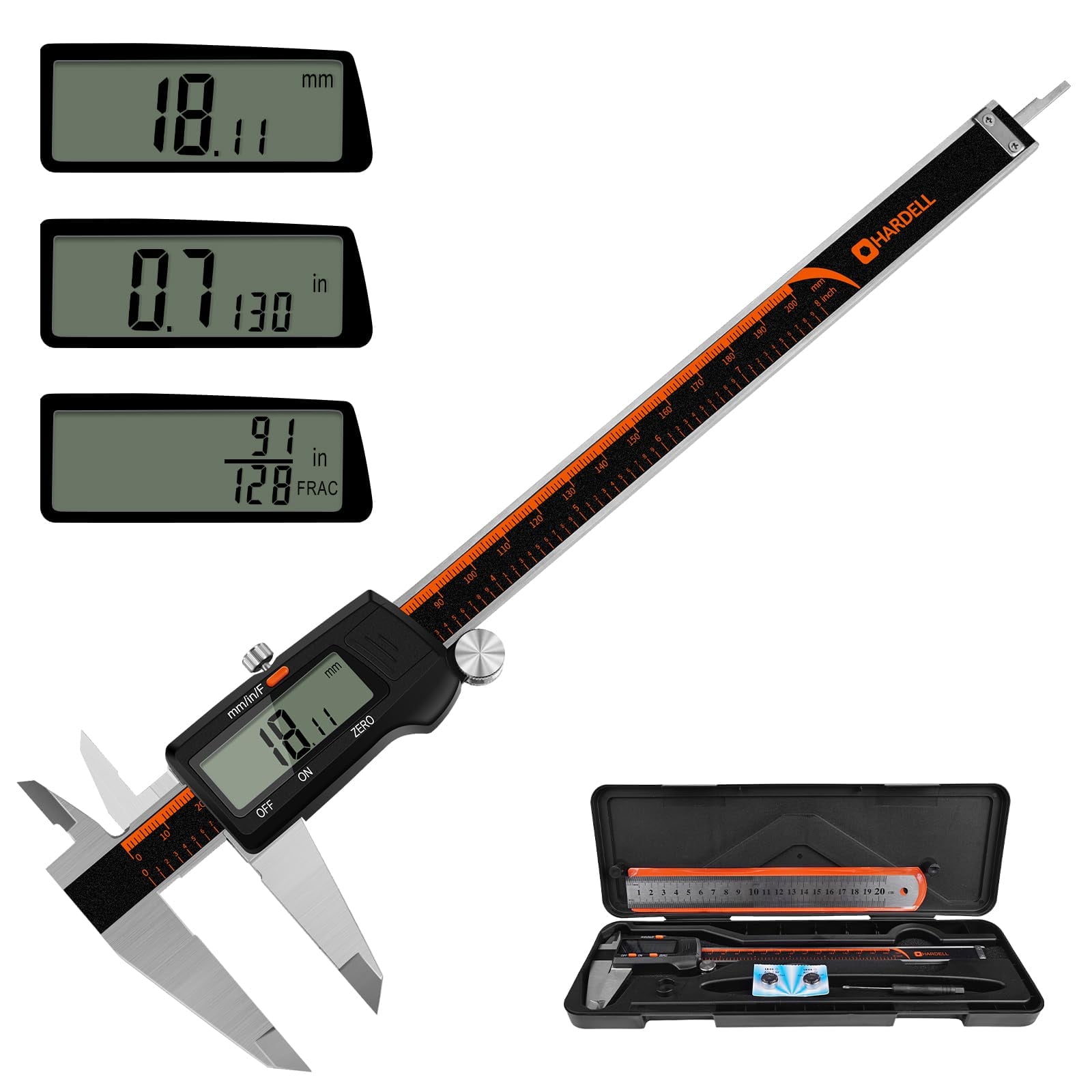 HARDELL Digital Caliper, Stainless Steel Measuring Tool with Large LCD Screen, High Accuracy for DIY and 3D Printing (Black, 8 in) hsukp