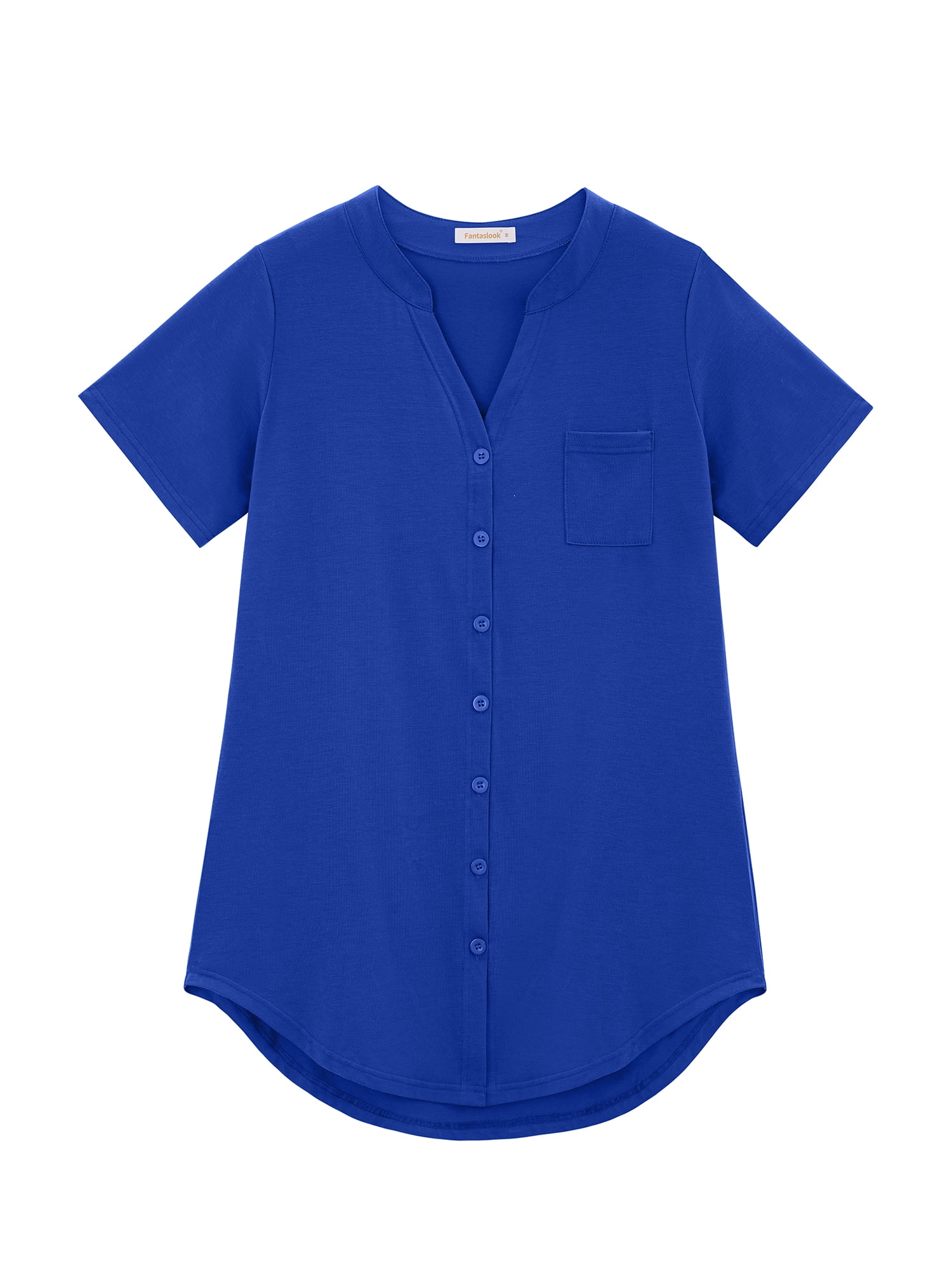 Fantaslook Womens Button Down Nightgown Short Sleeve V Neck Sleep Shirt (Blue, L) xnz8n