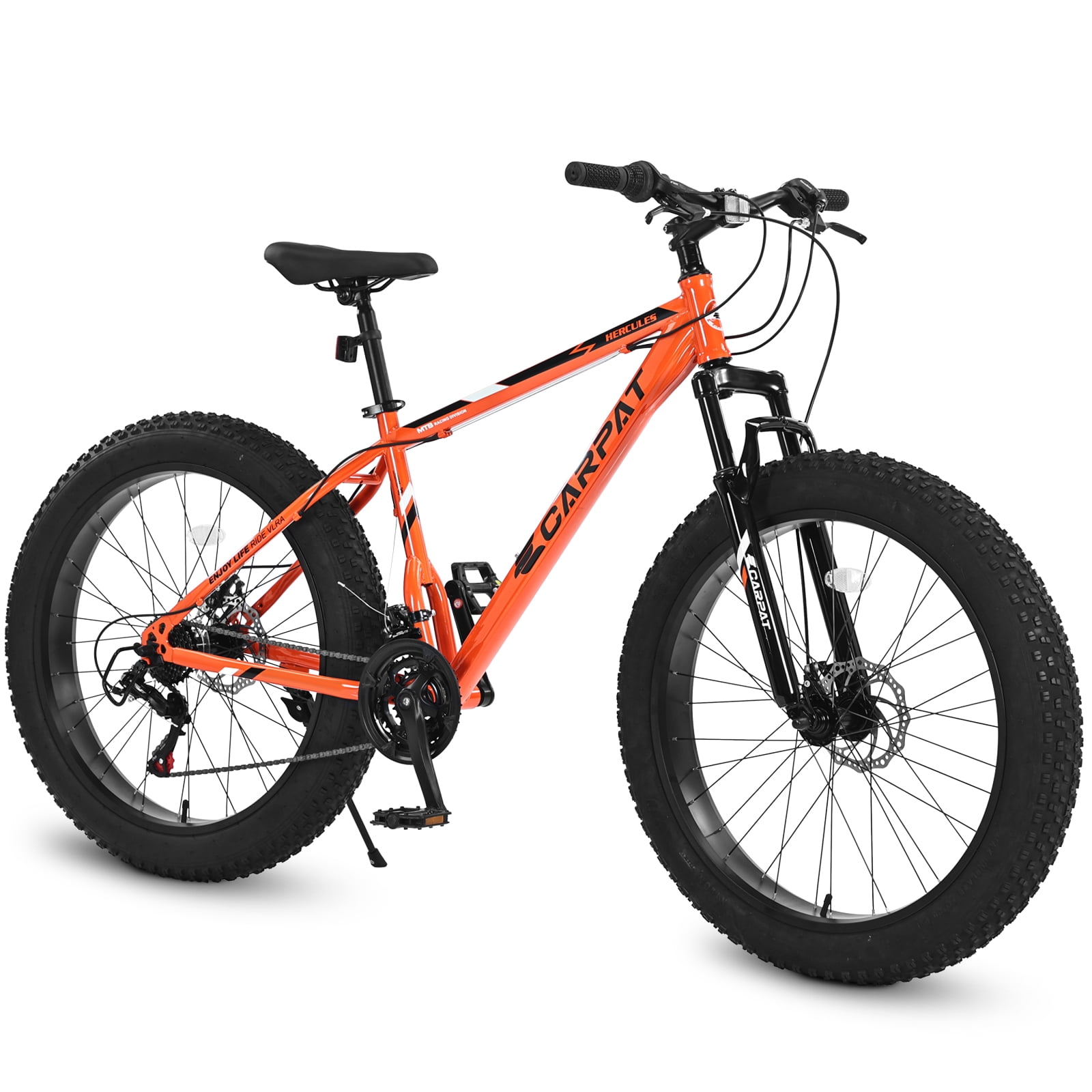 Ecarpat 26 Inch Fat Tire Mountain Bike, 21-Speed All-Terrain MTB with Dual Disc Brakes and Front Suspension (Orange, 26 in) 5wrqs