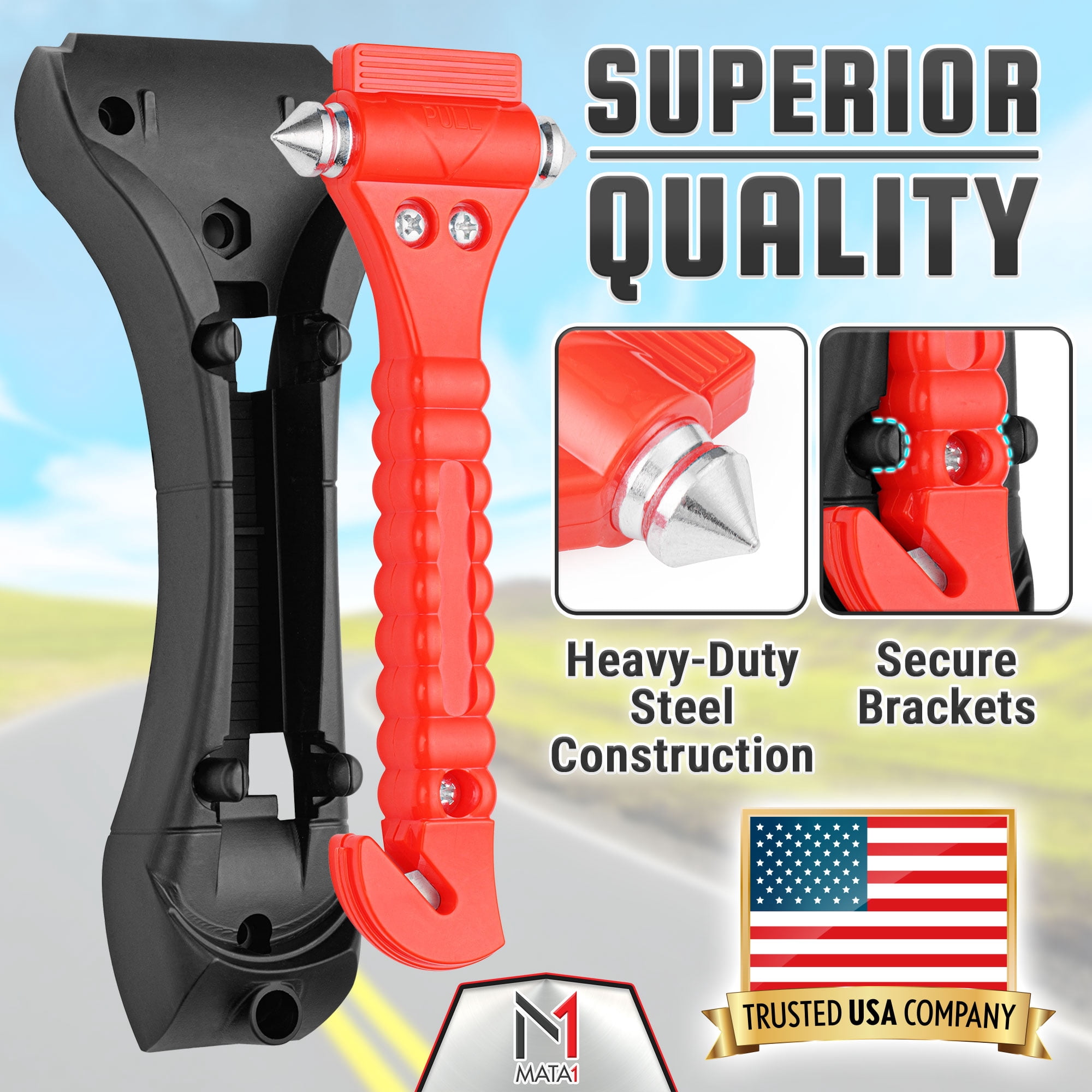 Mata1 Automotive Emergency Seatbelt Cutter and Window Glass Breaker Tool (Red, 2 Pack) 2ku3i