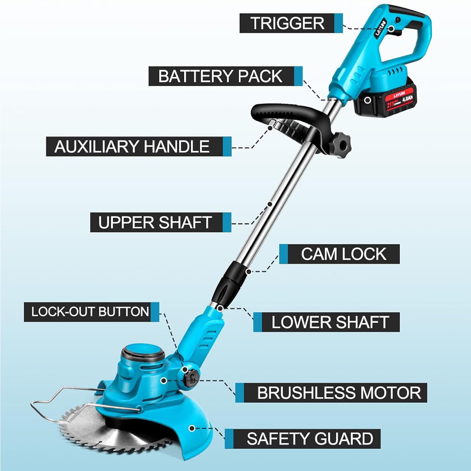 Susuzi 21V Cordless String Trimmer, Extendable Weed Wacker with 3-in-1 Cutting Blades (Blue, 1 Unit) dykw0