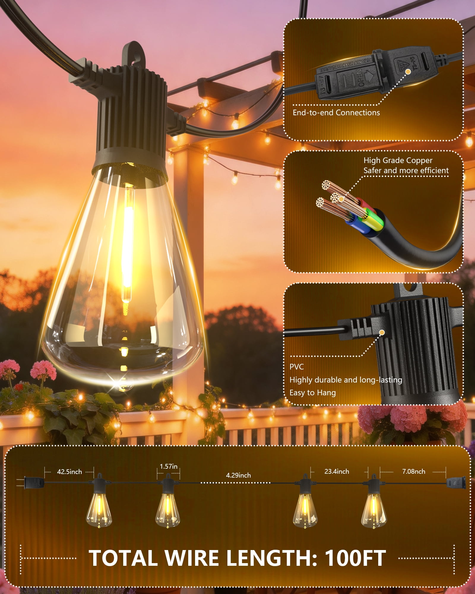 Beatineon LED Outdoor String Lights, Waterproof Patio Hanging Lights with 52 Edison Bulbs (100 ft) 3y80r