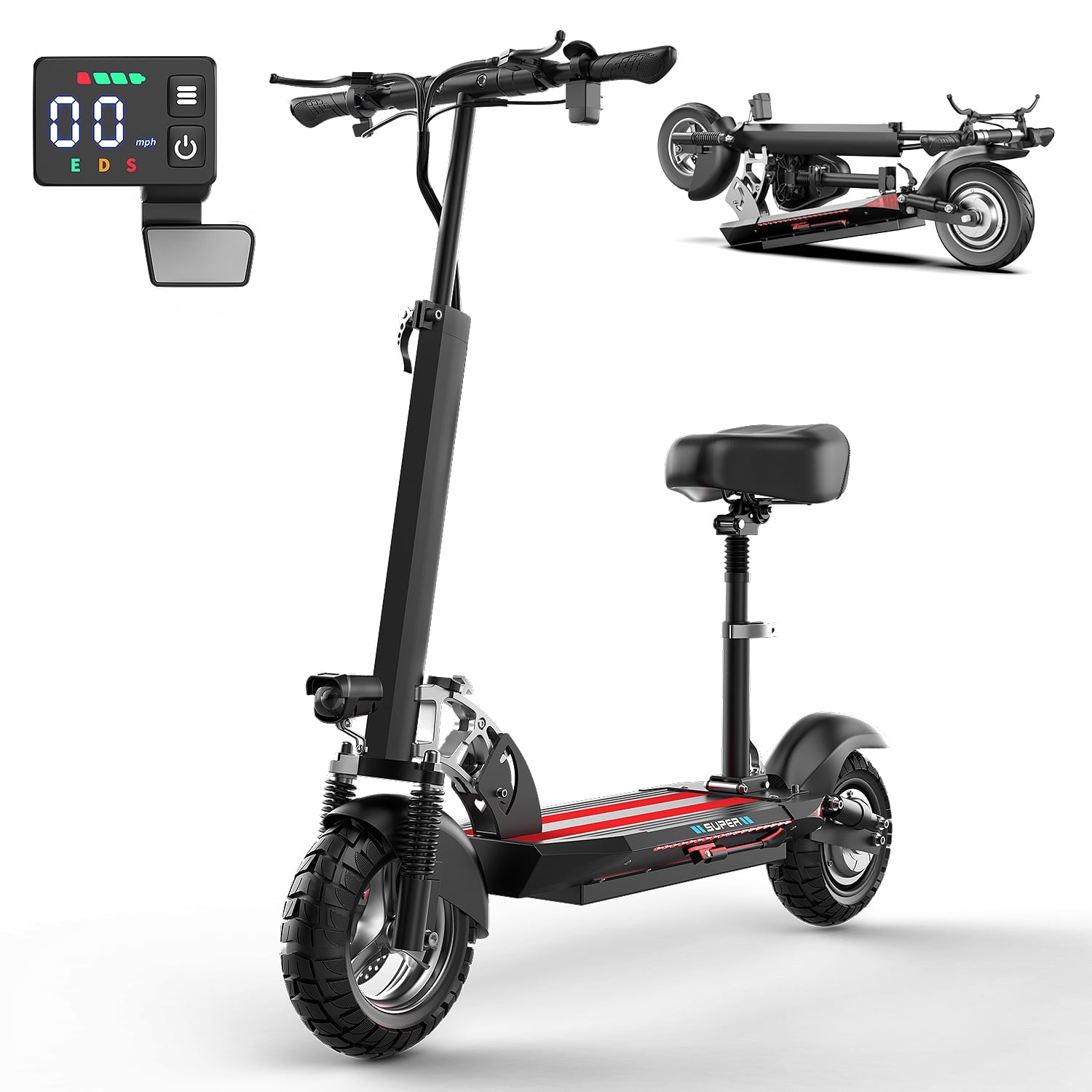 GWEIT Electric Scooter with Seat, 1500W High-Torque Motor, 26MPH Top Speed, 45-Mile Range, Dual Suspension, 10-inch Off-Road Tires (Black, 330 lb Weight Capacity) g95js