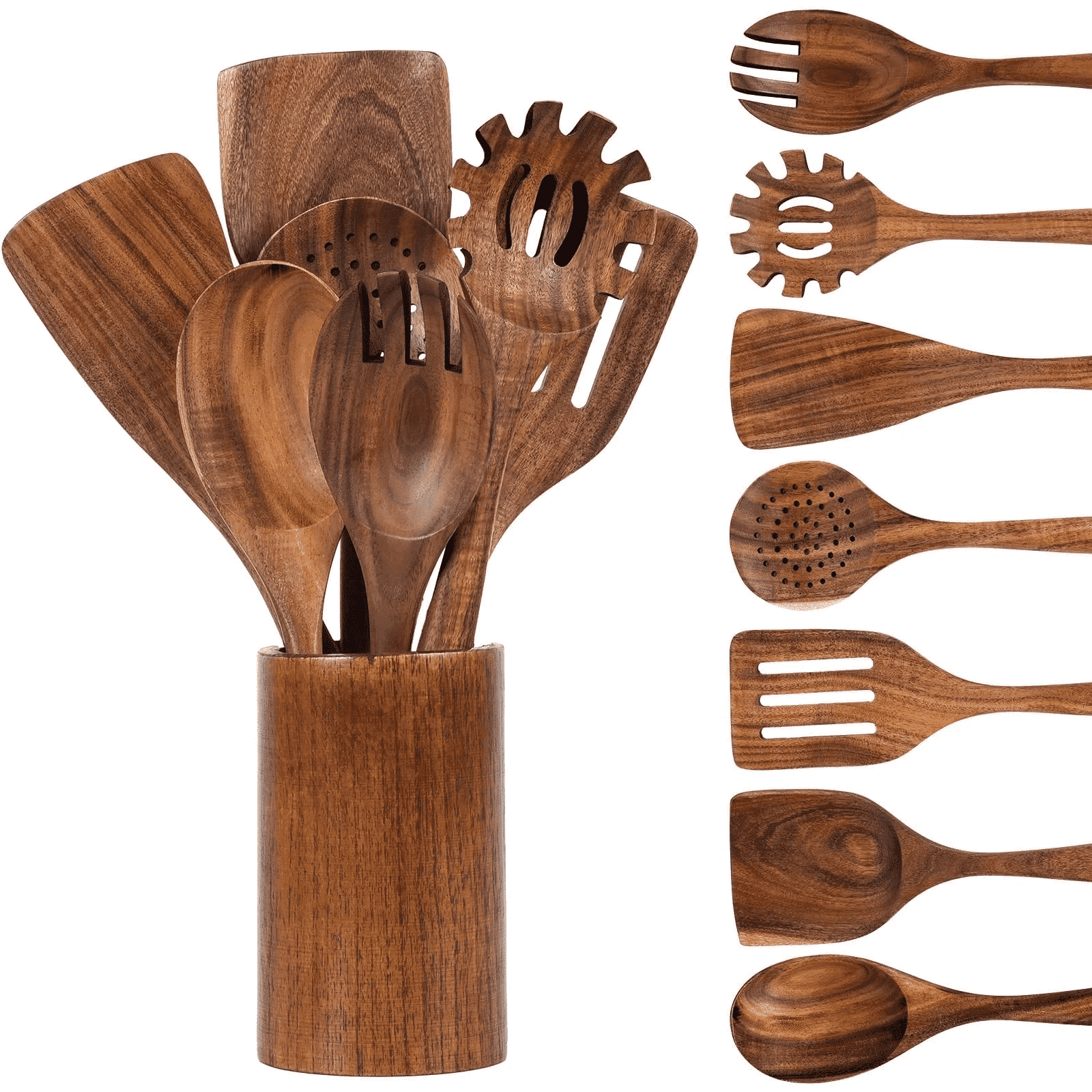 VAVSEA Natural Teak Wooden Cooking Utensils Set, Heat Resistant Non-Stick Kitchen Tools (8 Piece Set) 9fvzf