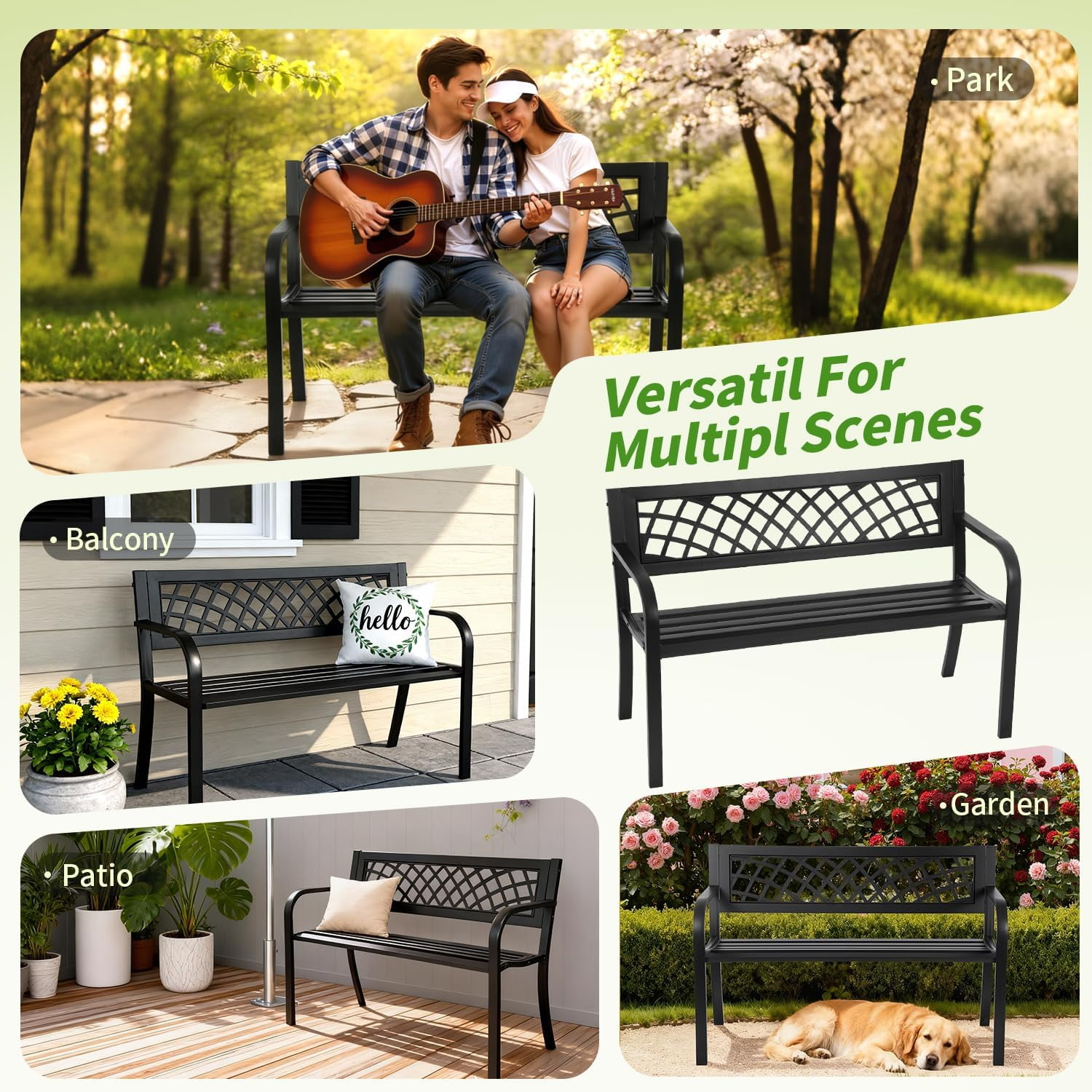 Dkeli Outdoor Garden Bench with Armrests, Rust-Resistant Steel Patio Park Seat (Black, 45.5 in L x 21.7 in D x 30 in H) 7r3qn