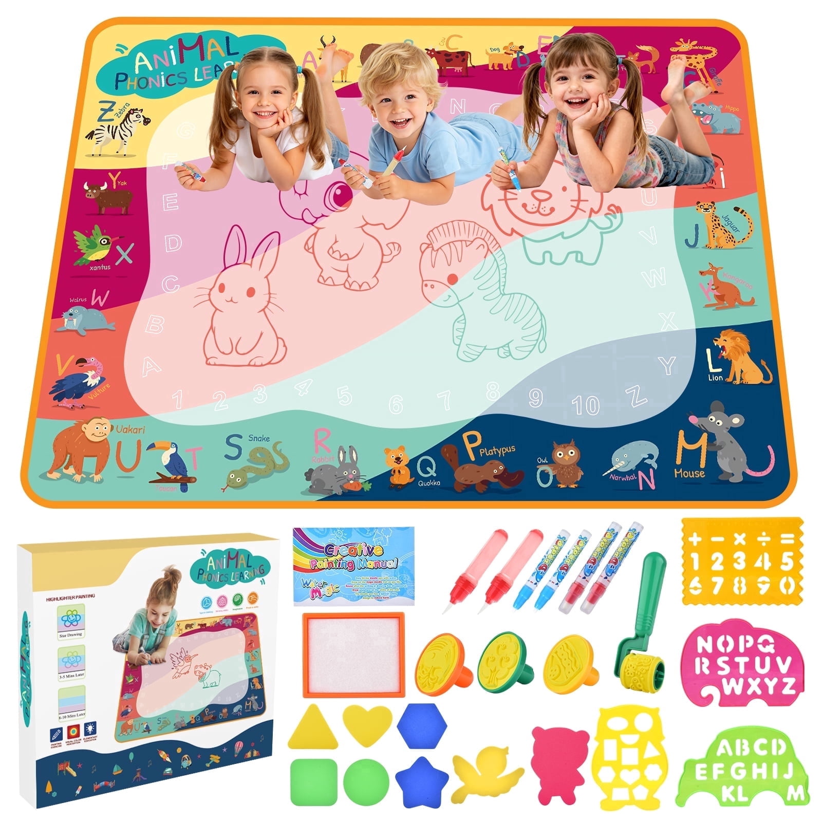 WLBES Water Doodle Mat, Reusable Mess-Free Aqua Drawing Pad for Toddlers (Multicolor, 30 in x 30 in) 2u7dm