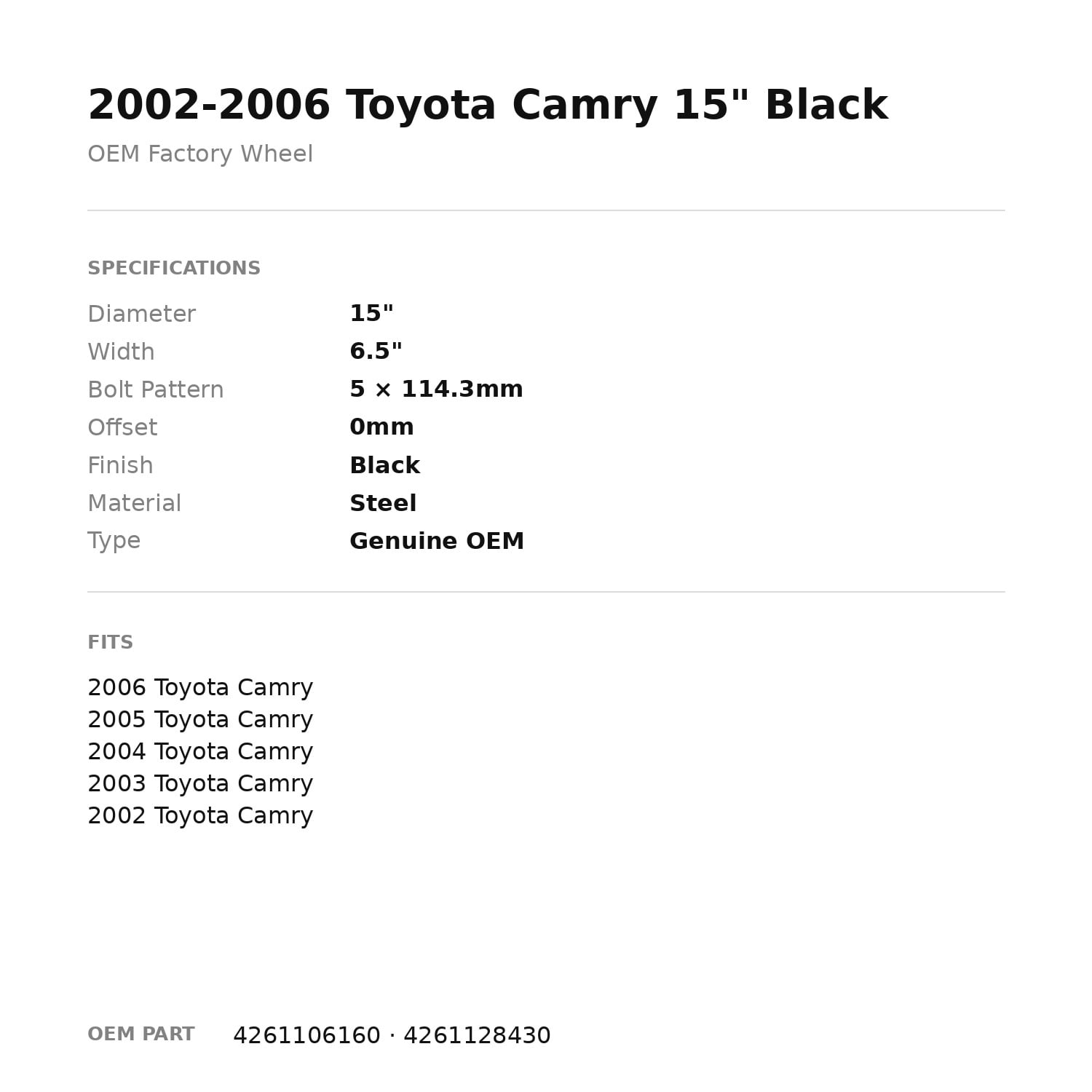 Factory Wheel Warehouse Toyota Camry Replacement Wheel Rim (Black, 15 in) jyxix
