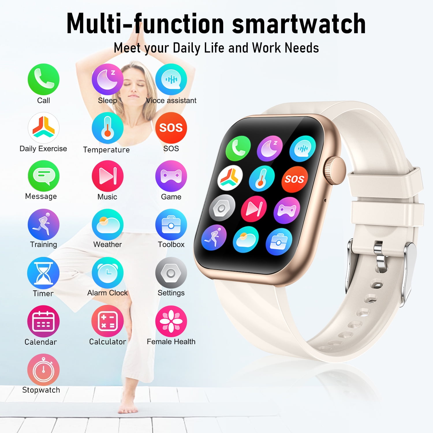 Visentor Smart Watch Fitness Tracker with Bluetooth Calling and 4 Interchangeable Bands (Gold, 1.96 in) r3ihs