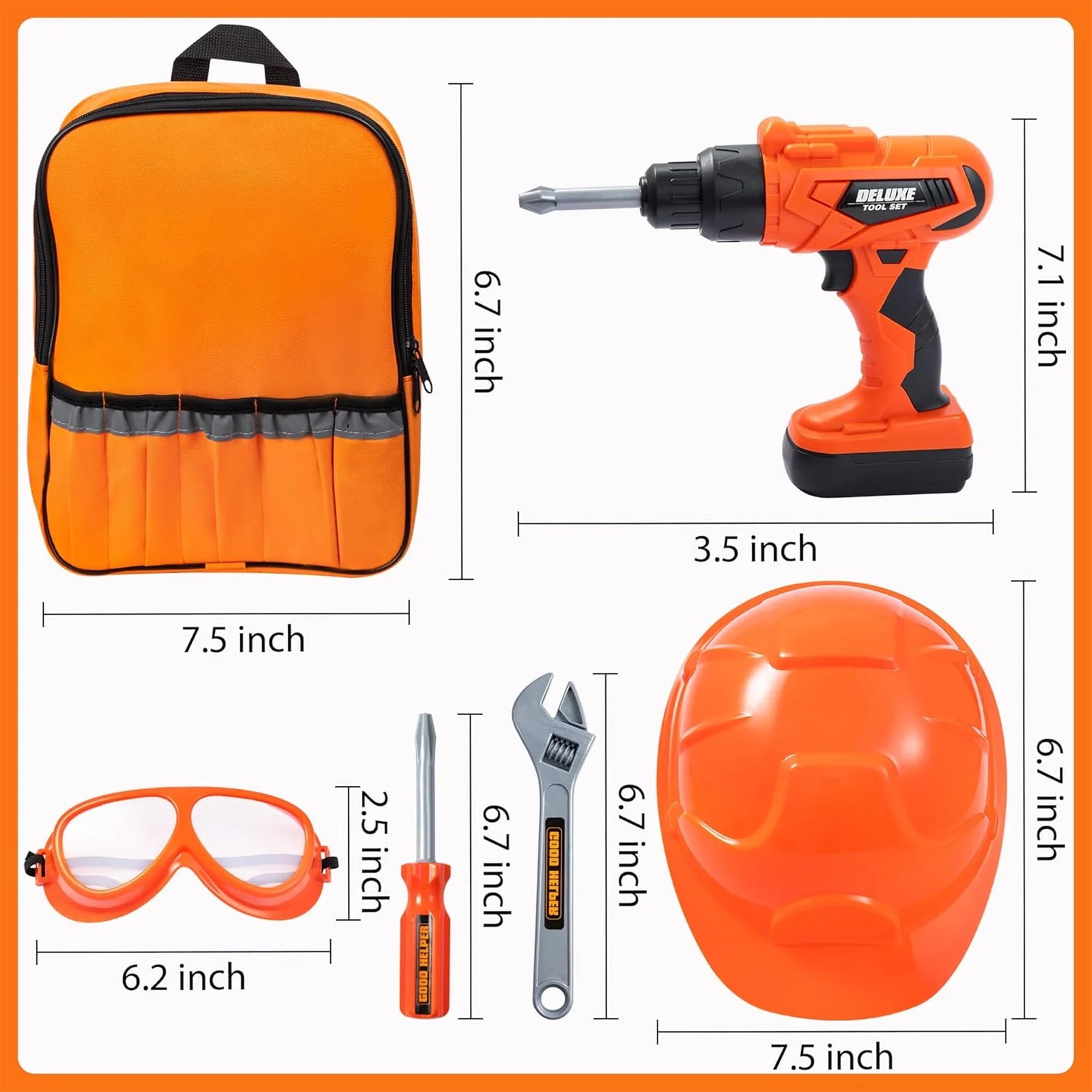 Joyfy 32-Piece Construction Tool Pretend Play Set with Electronic Toy Drill and Backpack (Orange, 32 Pieces) ta8me
