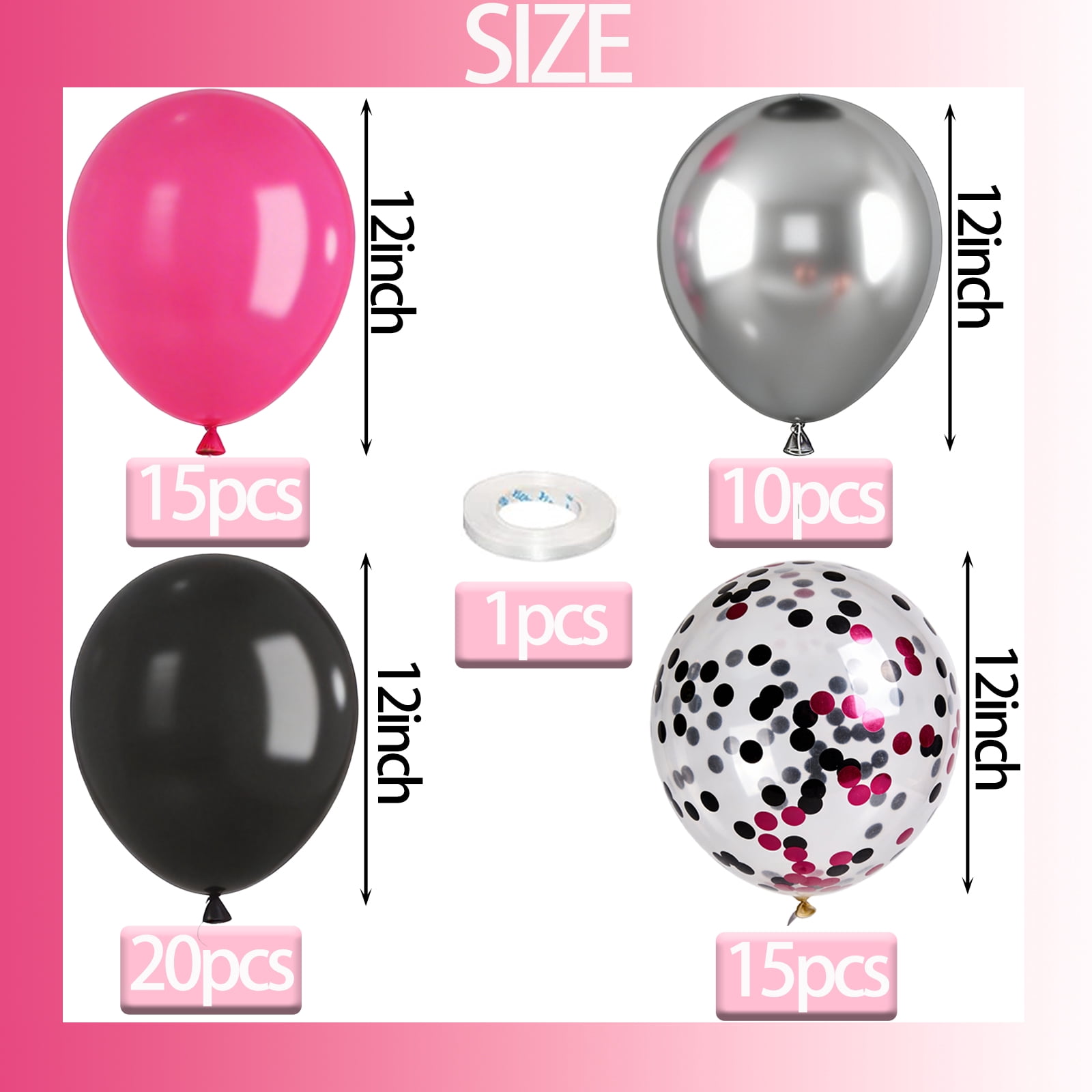 Qiameng 50-Piece Balloon Arch Kit for Party Decorations (Hot Pink, Black, Metallic Silver, 12 in) 6b1gq