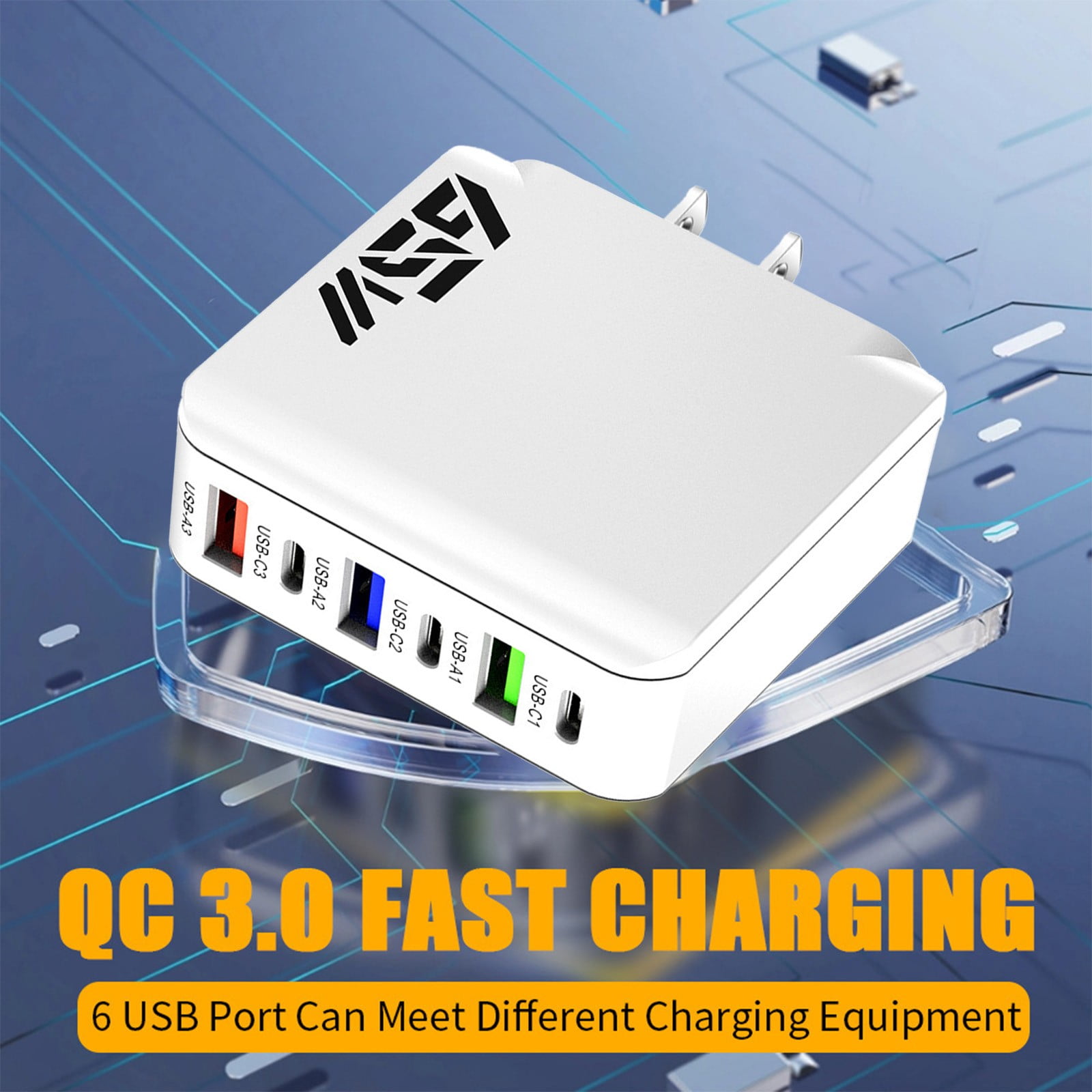 Aodebiao 65W 6-Port USB Fast Charger, Multi-Port Charging Station with 3 USB-C and 3 USB-A Ports (White) b6mx1