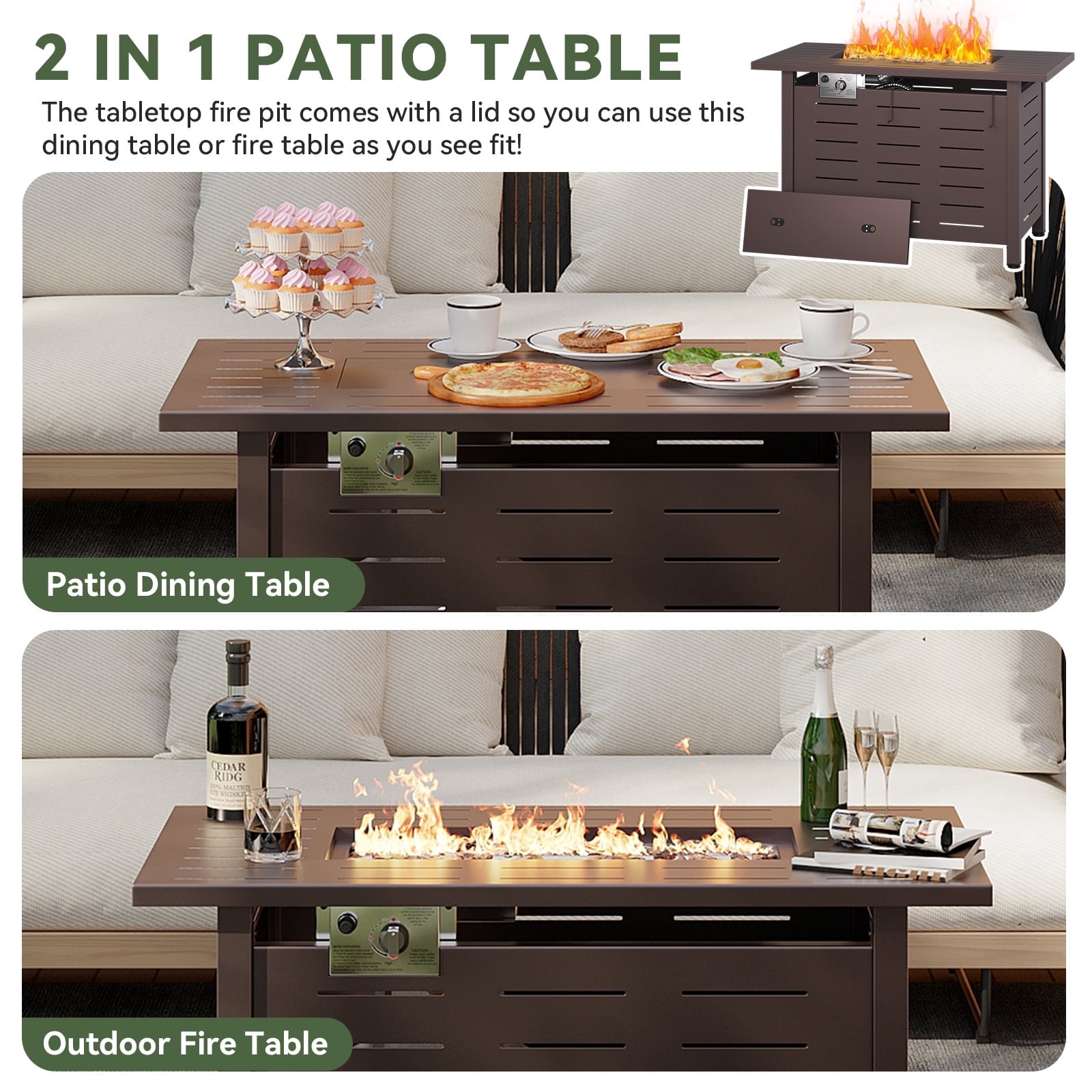 Sunmthink 42 in Propane Fire Pit Table for Patio, 50,000 BTU Outdoor Heater with Lid and Lava Rocks (Brown, 42 in) ed81v