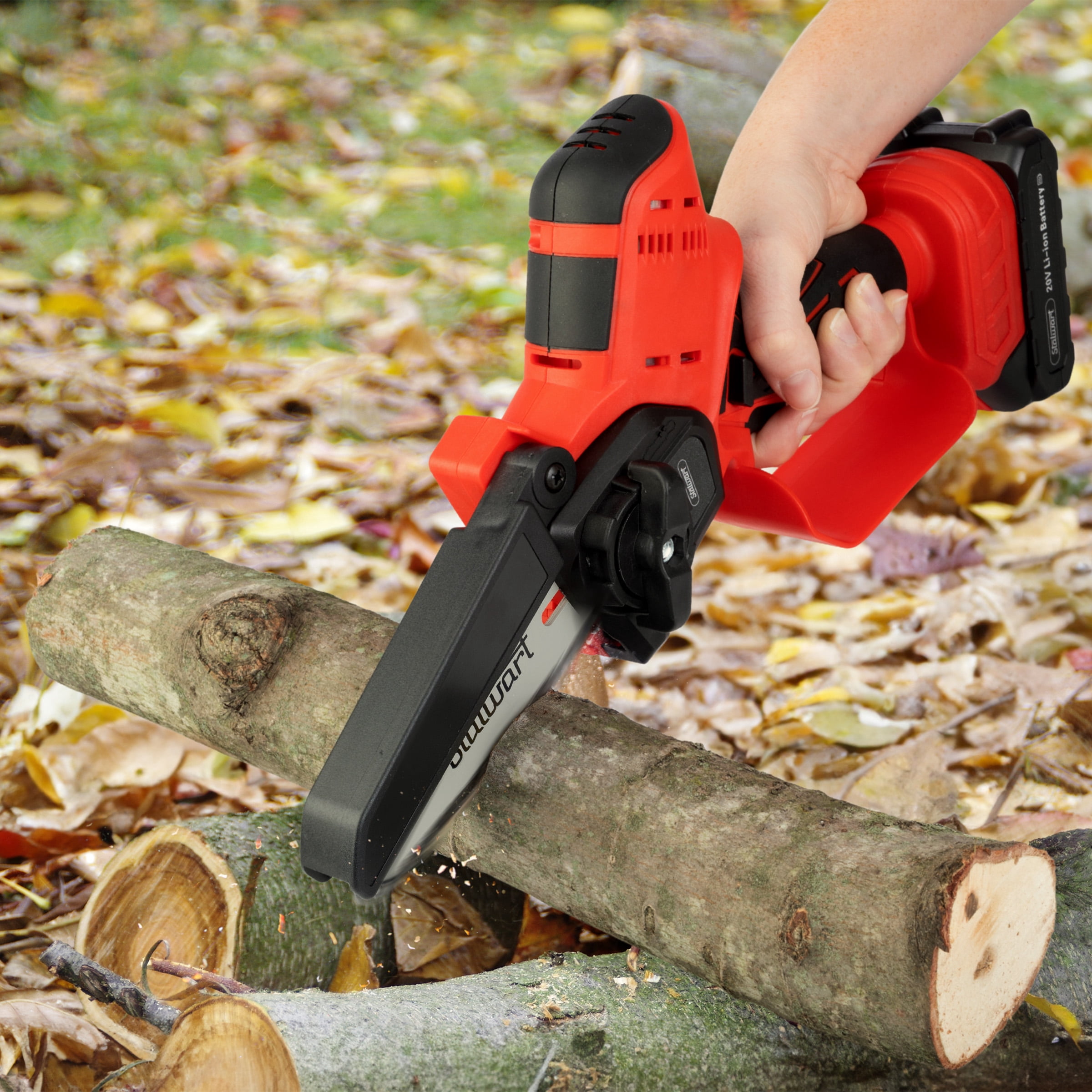 Stalwart 5-Inch Mini Chainsaw, Cordless Electric Power Tool with 20V Lithium Ion Battery (Red, 5.29 lb) 1478j