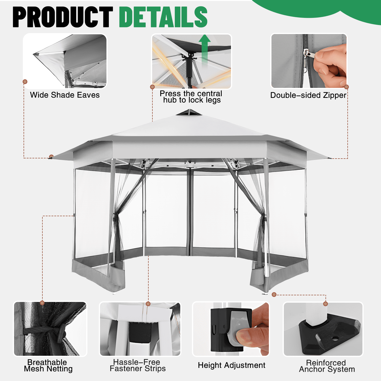 COBIZI 16x16 Pop-Up Canopy Tent, Outdoor Gazebo with Mosquito Netting and Carry Bag (Off-White Gray, 16x16 ft) ptmpl