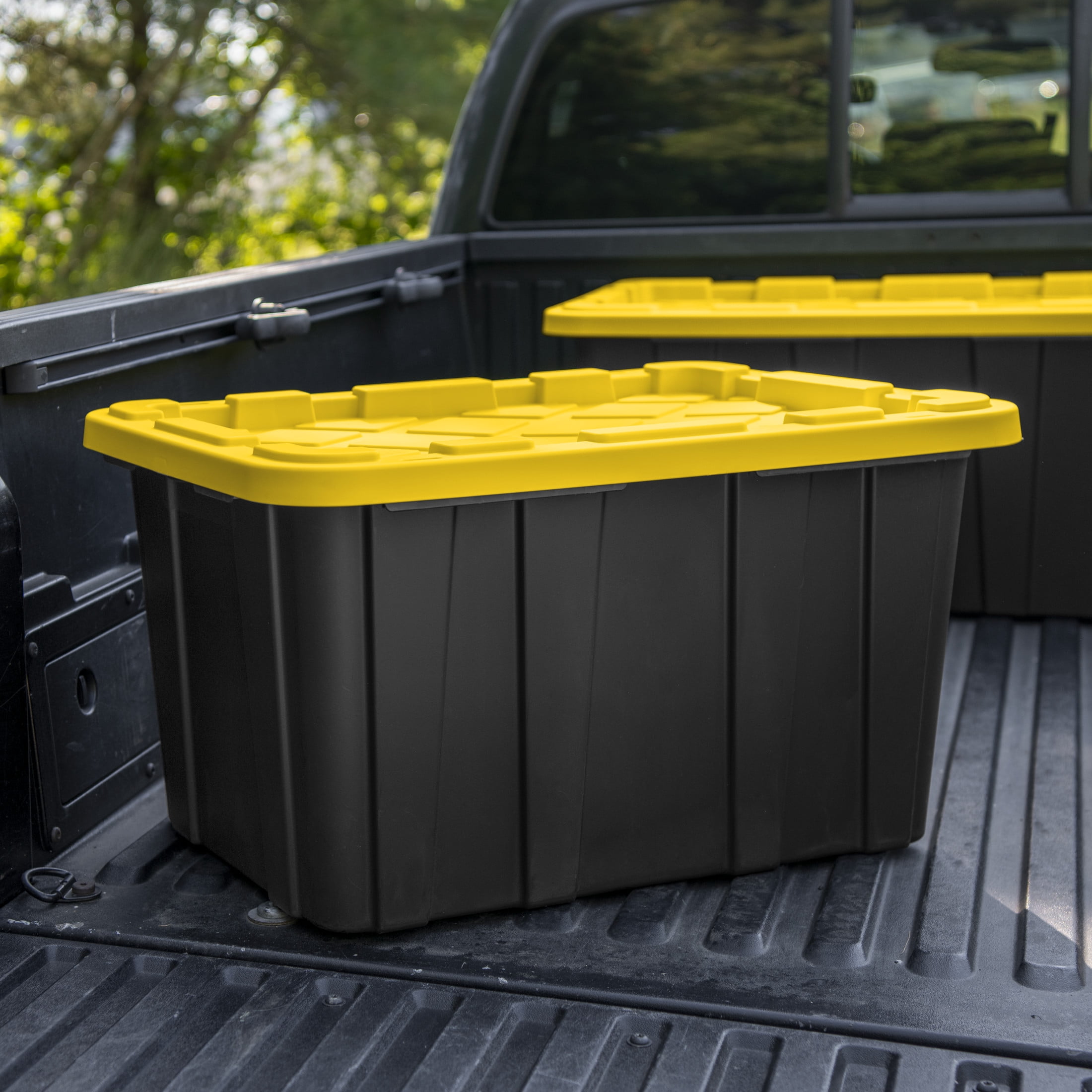 Sterilite Industrial Storage Tote, Heavy-Duty Plastic Bin with Snap-On Lid (Black and Yellow, 27 Gallon, 6 Pack) mwkwh