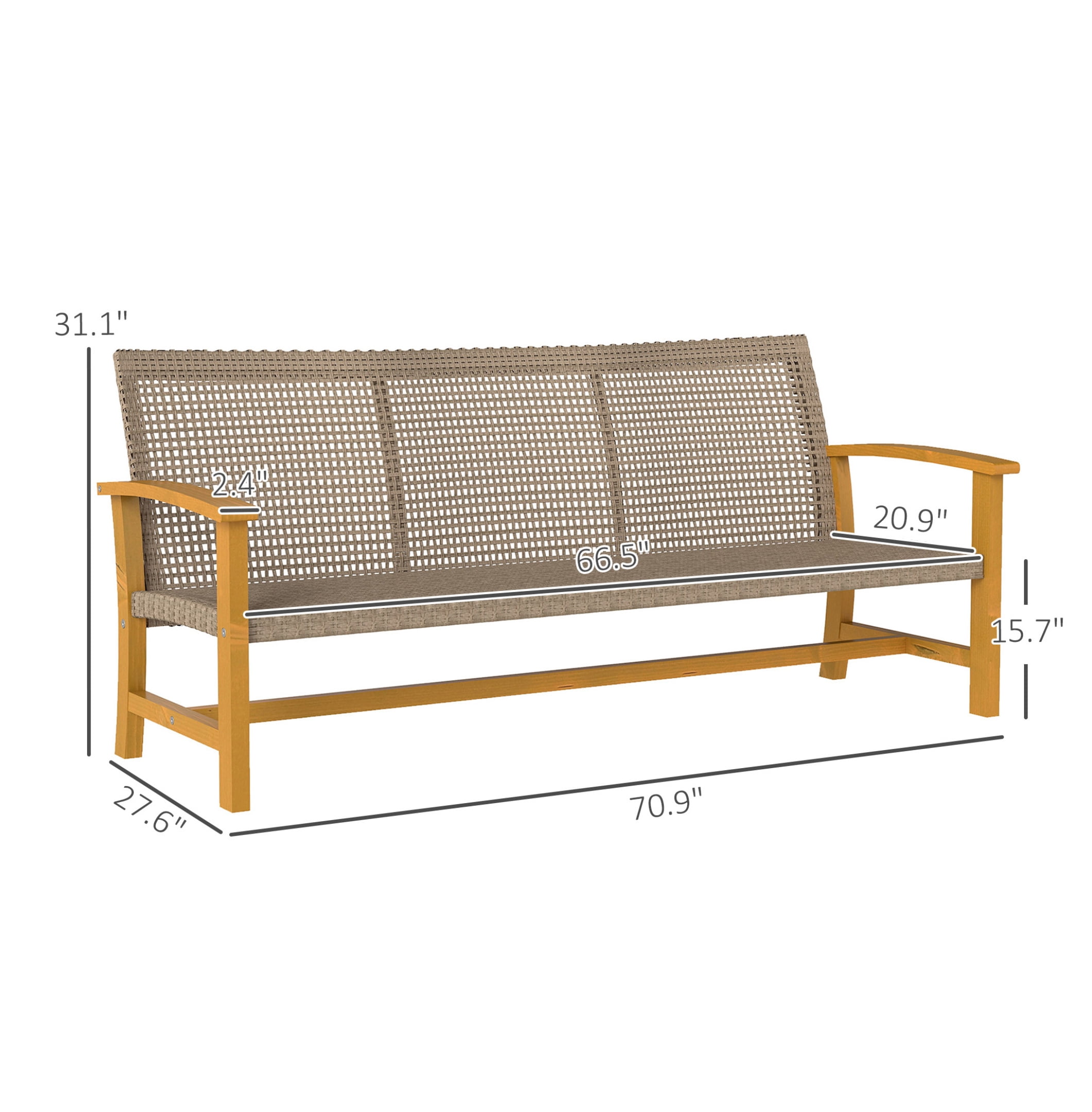 TeuheJ 3-Seat Wicker Outdoor Sofa, All-Weather Patio Couch with Acacia Wood Accents (Brown, 1000 lb Capacity) ee5pg