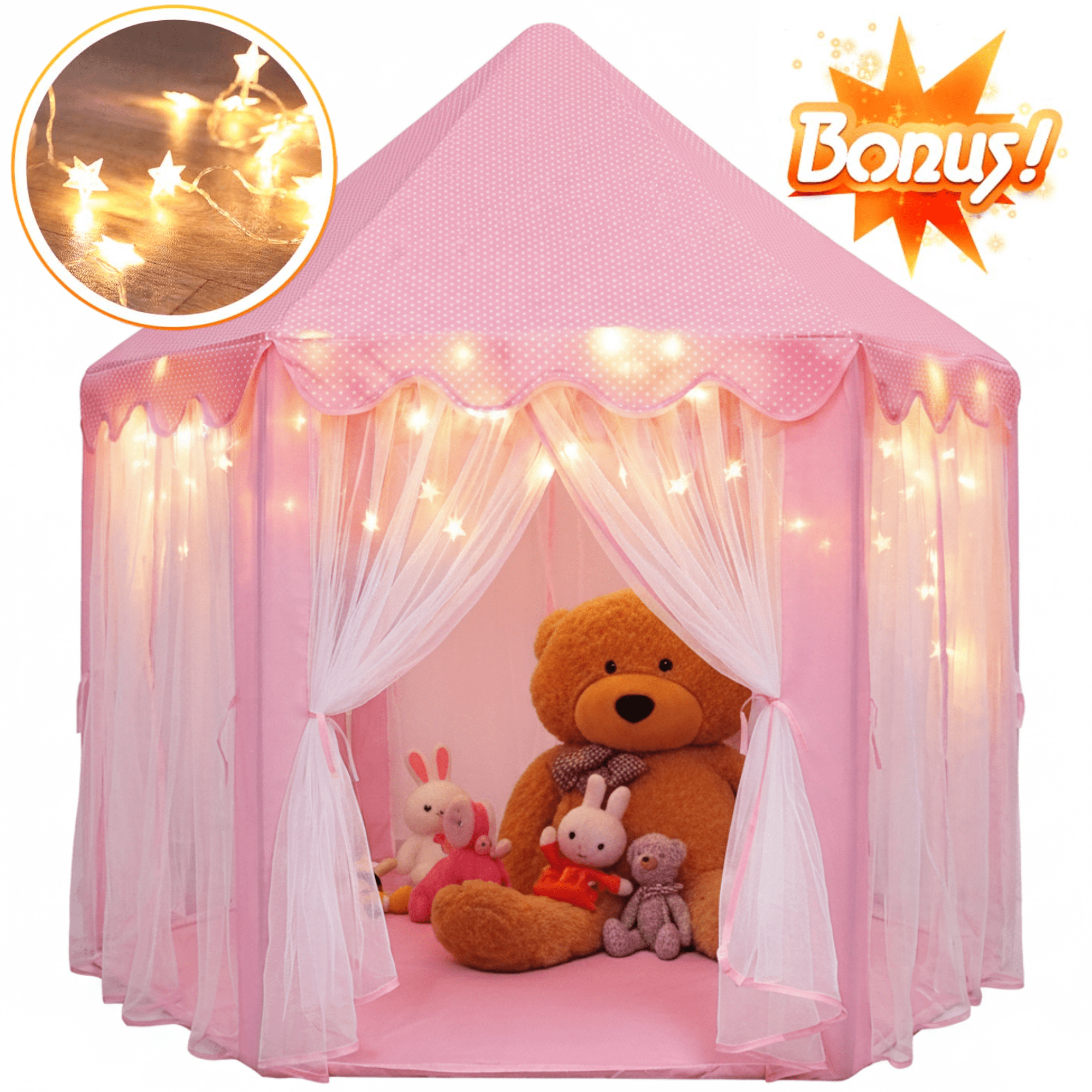 ORIAN TOYS Princess Castle Playhouse Tent with LED Star Lights, Indoor & Outdoor Kids Play Tent (Pink, 55 in x 53 in) qufwh