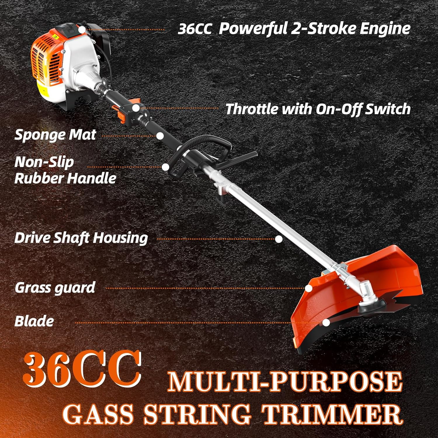 EAYSG 36cc Gas String Trimmer, 3-in-1 Brush Cutter and Weed Eater (Orange, 36cc) mopmk - Image 2