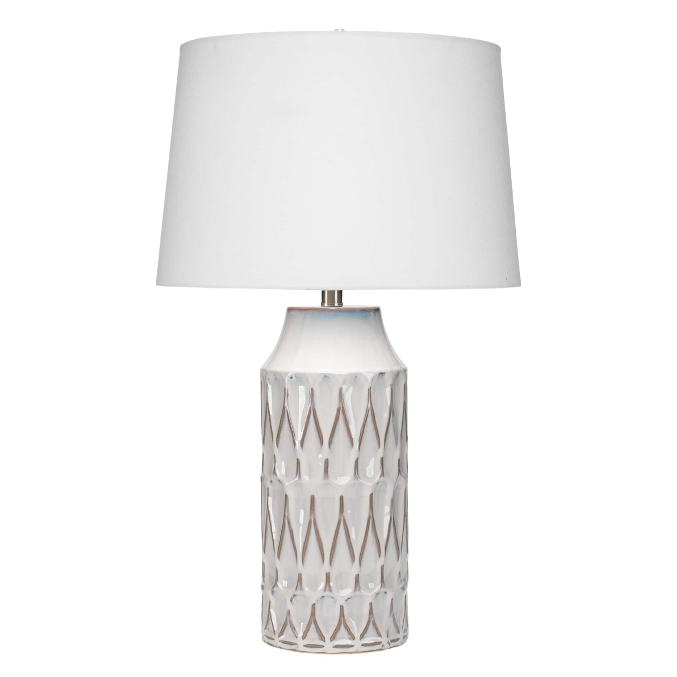J&D Designs Dalia Traditional Ceramic Table Lamp with Linen Shade (White Patterned, 8 ft Cord) q9m9h