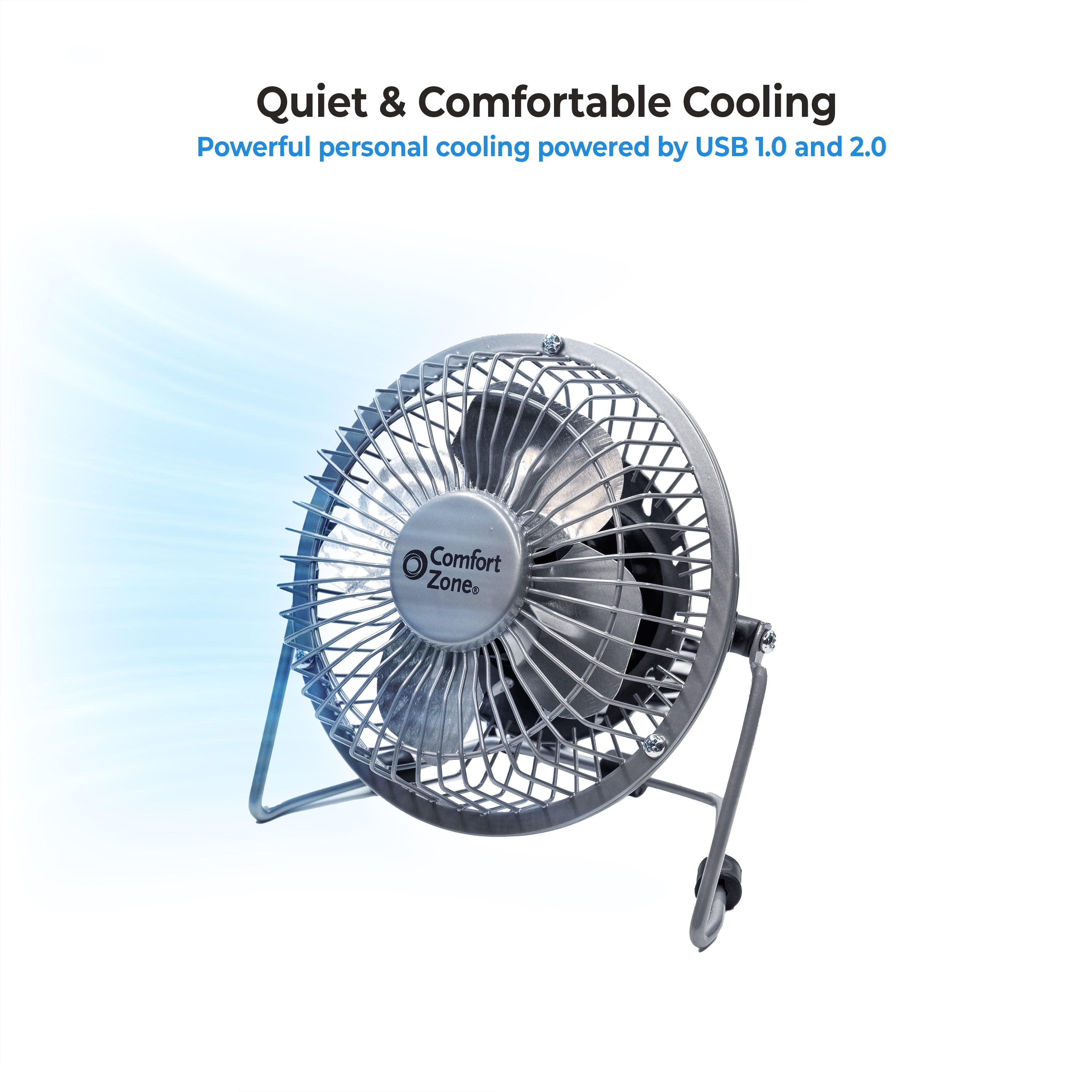 Comfort Zone 4 in Mini Portable Desk Fan, All-Metal, 360-Degree Adjustable Tilt, Dual Powered (Silver, 4 in) xp819