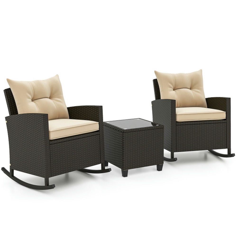 Barara King 3-Piece Outdoor Patio Rattan Rocking Chair Set with Tempered Glass Table and Cushions (Beige, 31.5 in x 26 in x 31.5 in) msh7w
