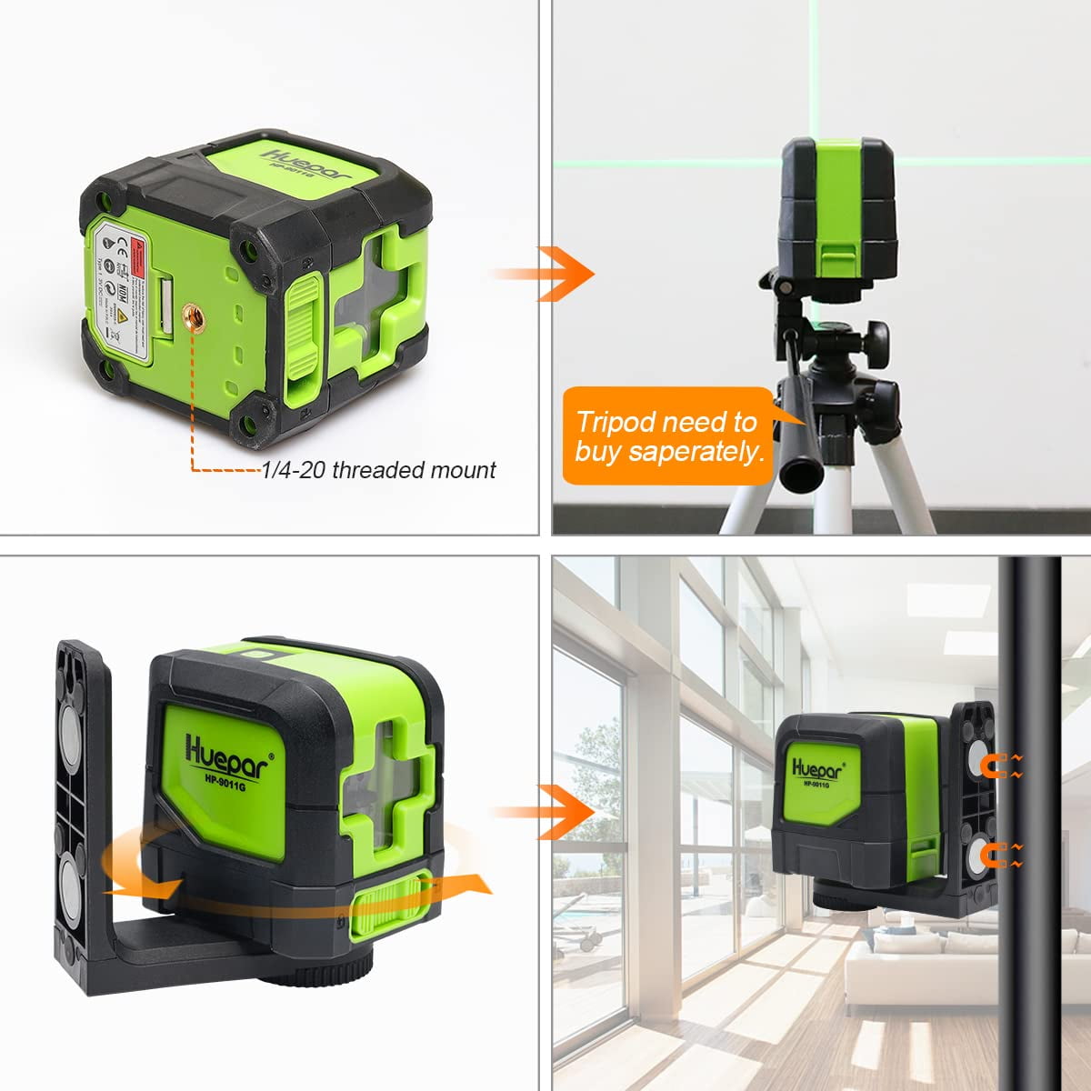 Huepar Cross Line Laser Level Green Beam Self-Leveling Tool with 360° Magnetic Pivoting Base (Green, 85 ft) knfpp
