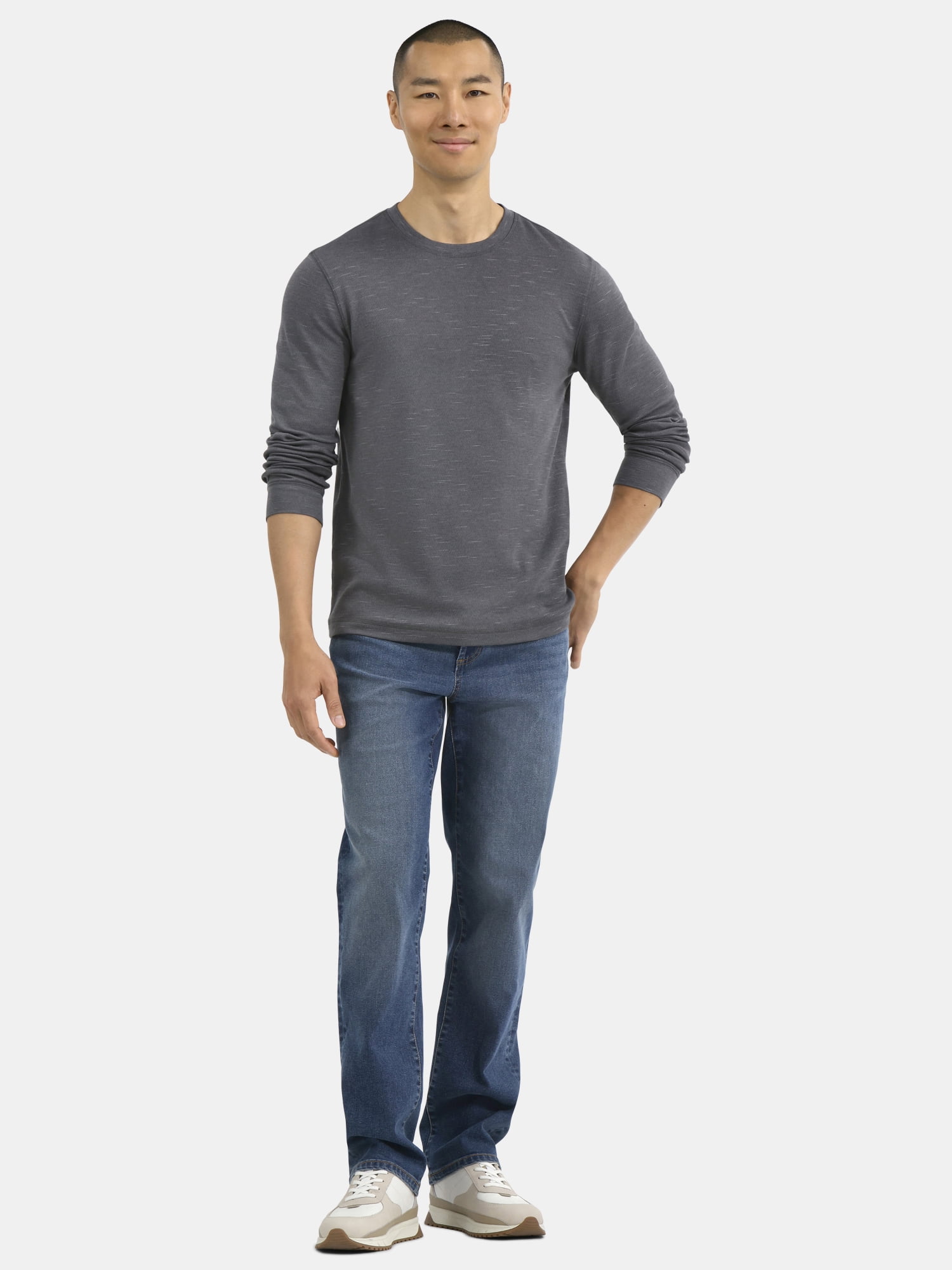 George Men's Slub Texture Thermal Shirt Long Sleeve Crewneck (Grey, XS) mb9t8