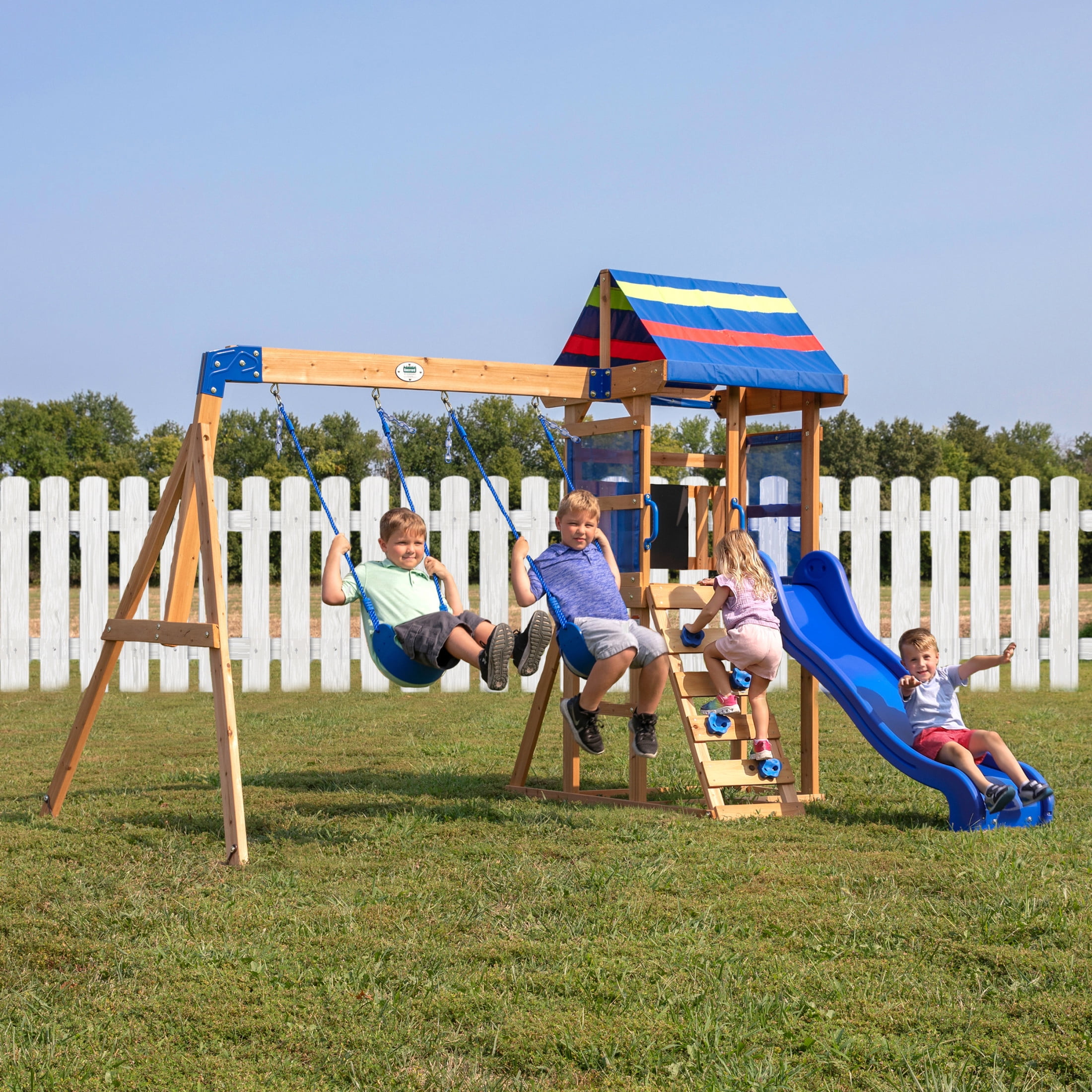 Backyard Discovery Bay Pointe Cedar Wood Swing Set with Slide, Play Deck, and Rock Wall Ladder (Brown) p7hi1