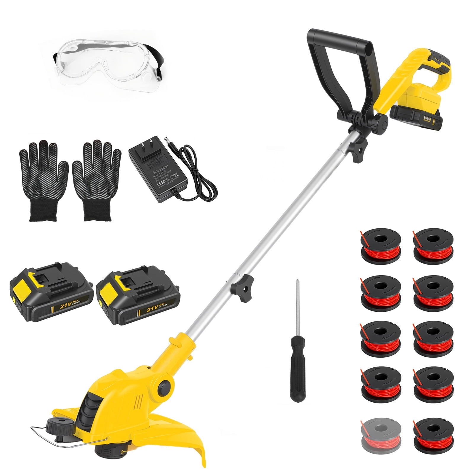 CATGOOD 21V Cordless Electric String Trimmer and Lawn Edger with 2 Batteries and Fast Charger (Yellow, 12 in) ev9ds