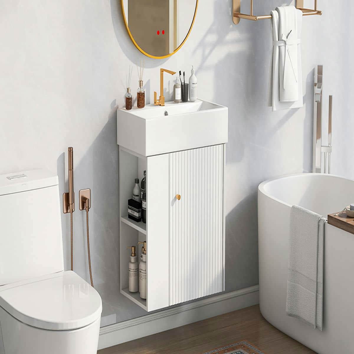 Kadyn Wall-Mount Bathroom Vanity, Modern Floating Vanity with Ceramic Basin and Left Side Storage (White, 21.6 in) 71b1h