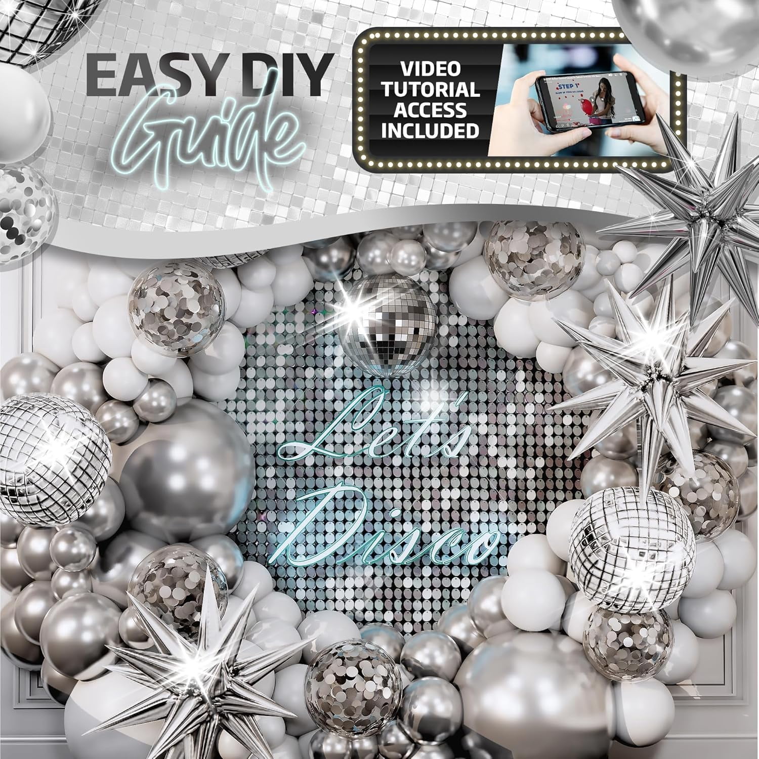 Sheryl Décor Disco Balloon Arch Kit for Party Decorations (Silver and White, 100-Piece Set) 1xoes