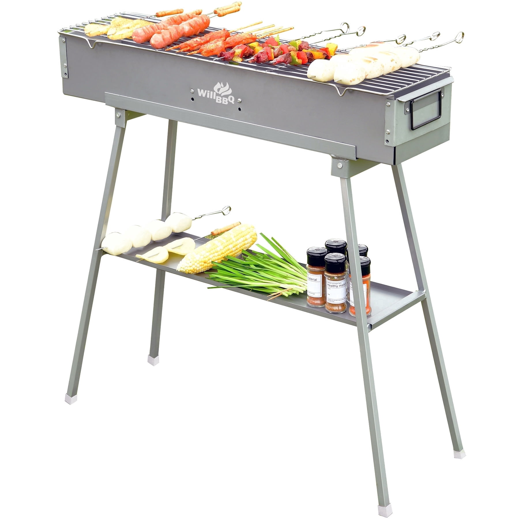 WILLBBQ Portable Charcoal Grill, Heavy-Duty Hibachi BBQ for Skewers and Outdoor Cooking (Black, 31.6x7.1x5.1 in) 8le97