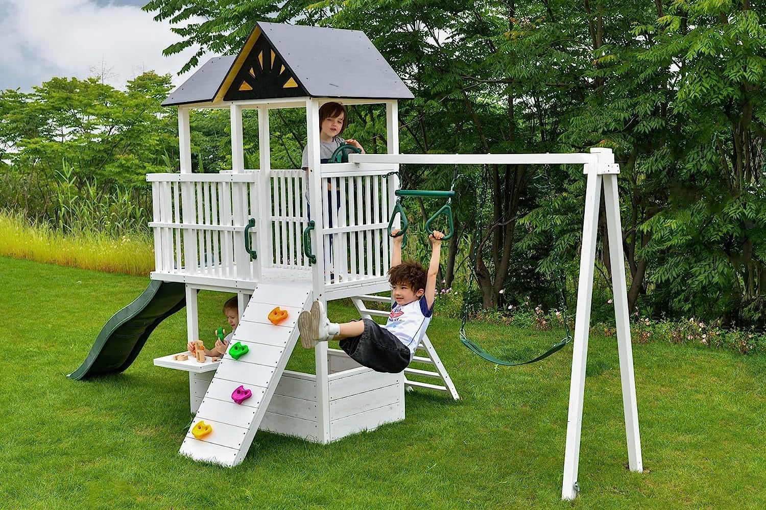 Avenlur Craftsman Modern Outdoor Backyard Swing Set with Slide, Clubhouse, and Rock Climbing Wall (White, 1 Unit) pncti