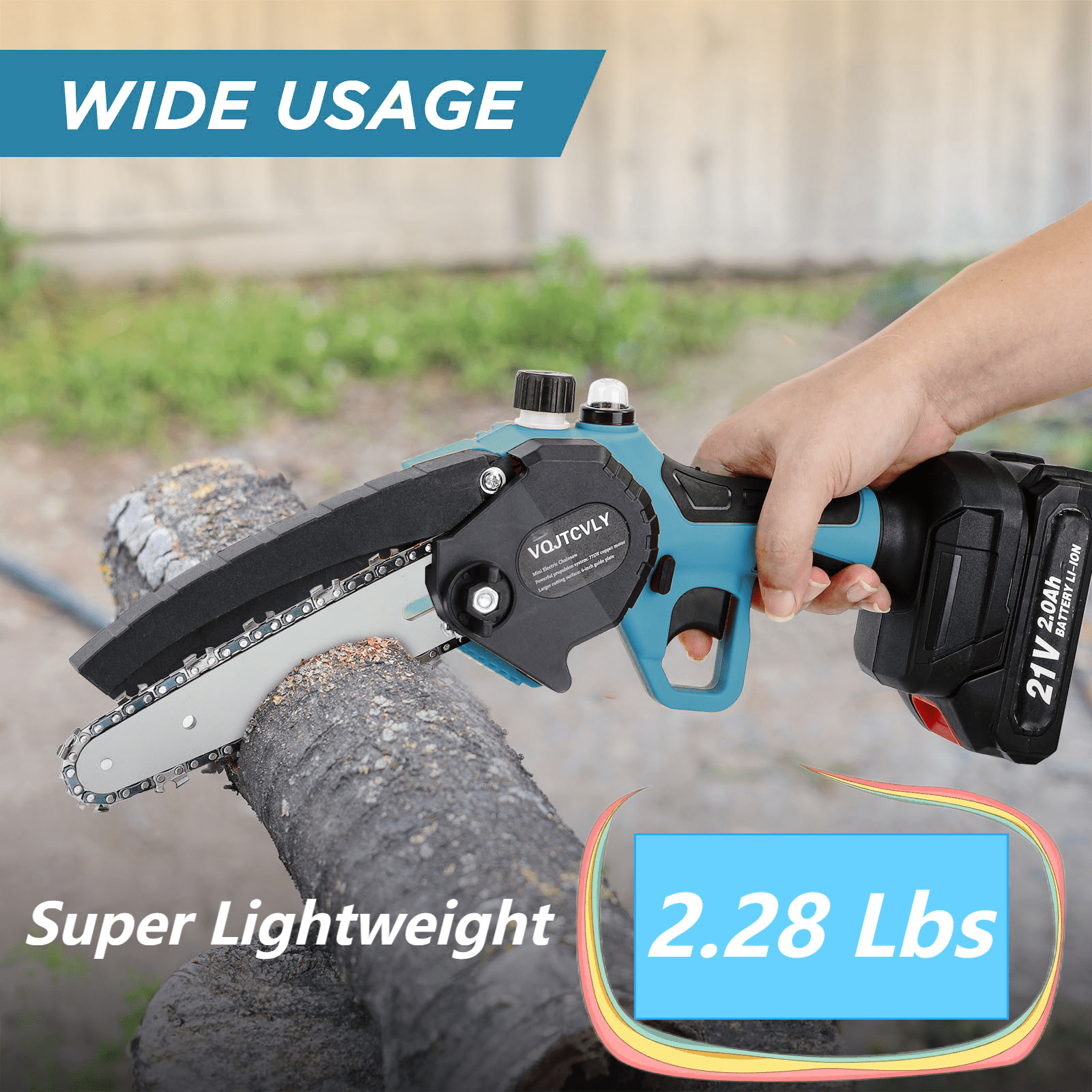 Euur 6 inch Cordless Mini Chainsaw Set with 2 Batteries and 2 Chains (Blue, 6 in) 03pt6