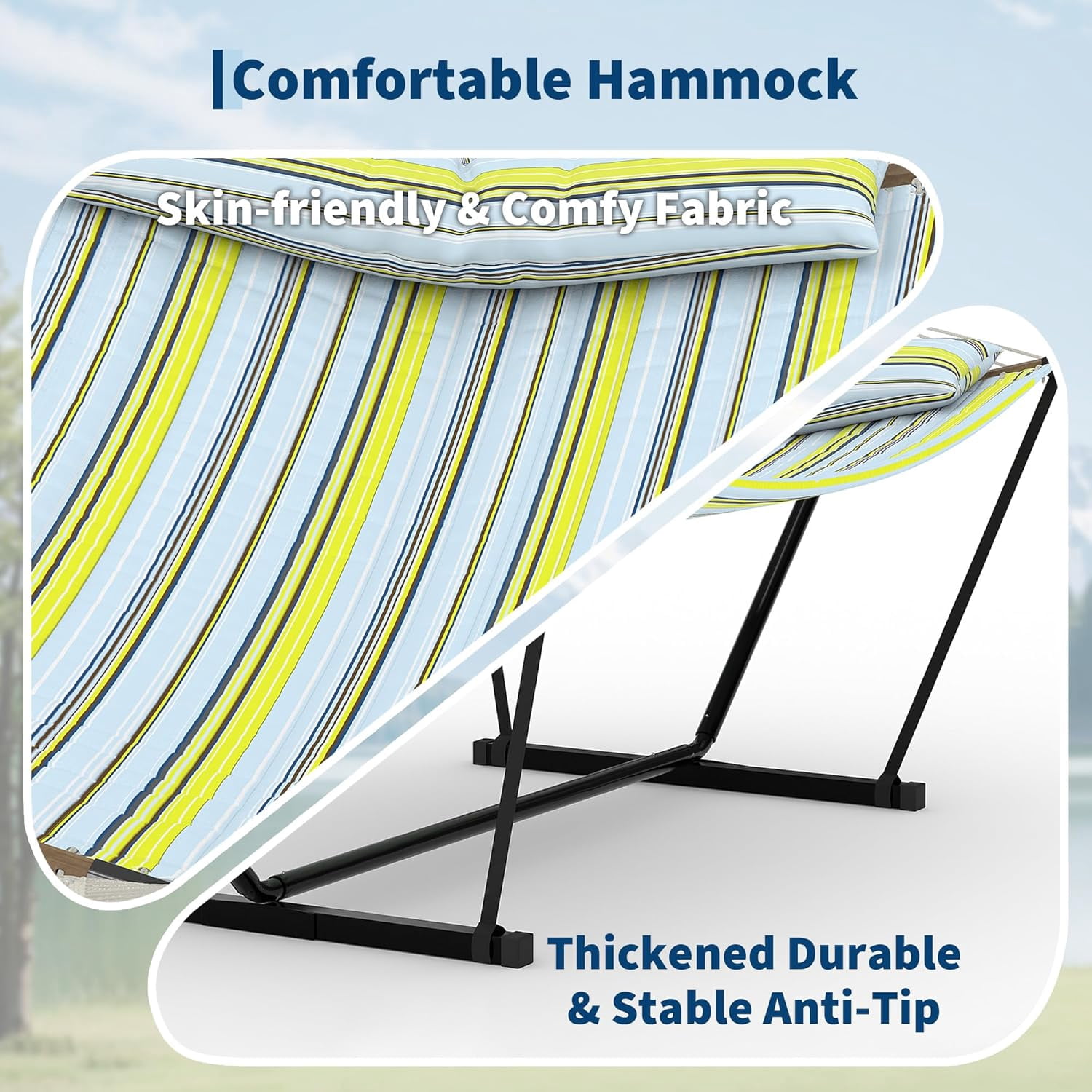 GARVEE Double Hammock with Stand, Heavy-Duty Outdoor Swing Bed with Adjustable Steel Frame (Blue & Green Stripes, 143.7 in) 9i0ty
