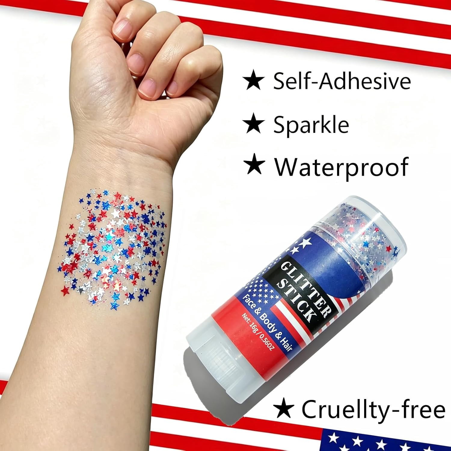 YZEGDCH Patriotic Glitter Stick, Red White and Blue Face and Body Makeup for Independence Day (Red, 0.5 oz) z36mu