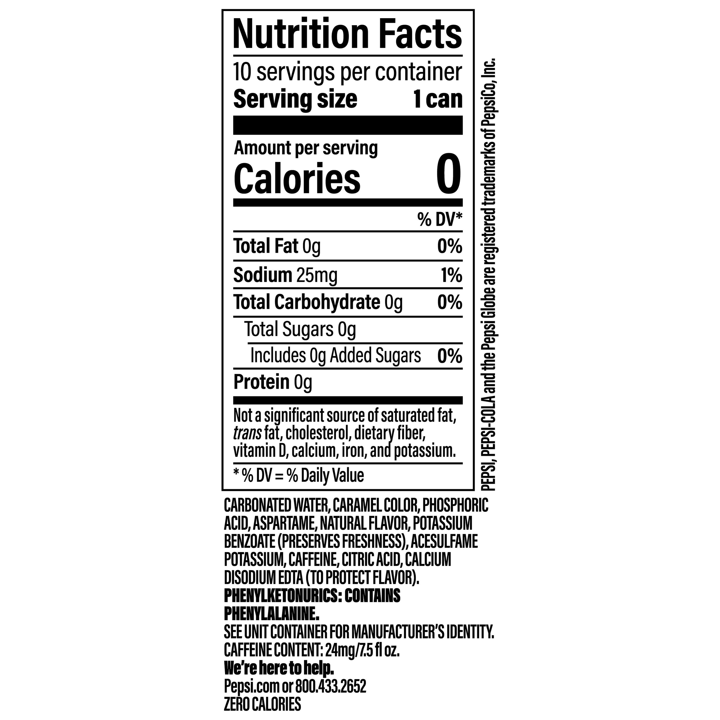 Pepsi Zero Sugar Cola Soda, Refreshing Zero Calorie Beverage (10 Pack, 7.5 fl oz) 3egat