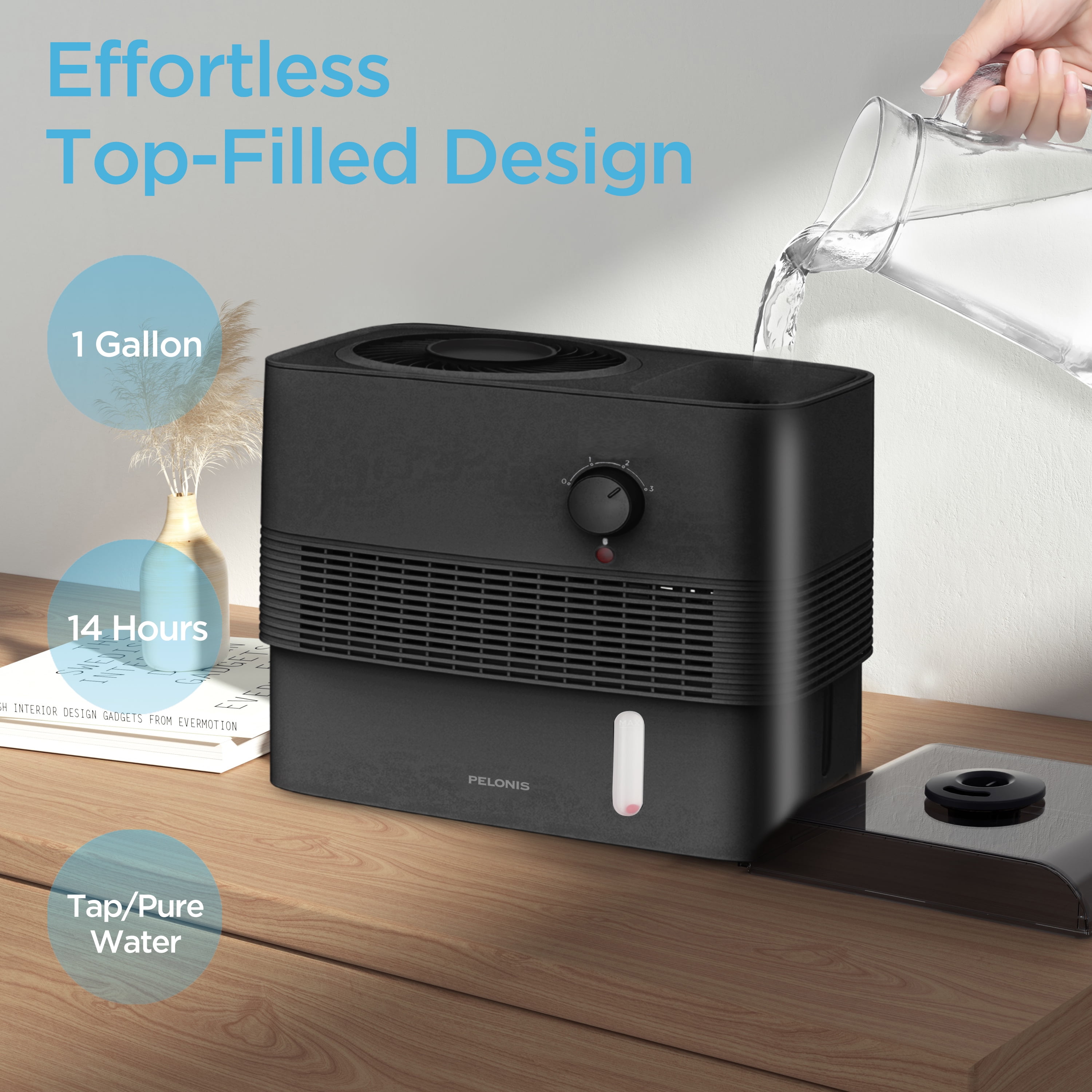 Pelonis Cool Mist Humidifier with Essential Oil Diffuser (Black, 1 Gallon) fidgo