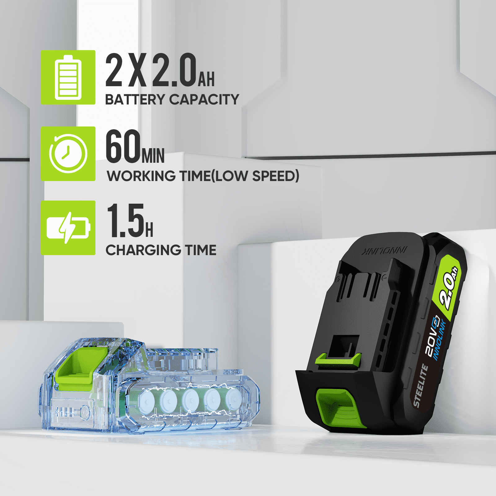 Steelite 21V Cordless Leaf Blower, High-Velocity Electric Yard Blower with 6-Speed Control (Green, 2 x 2.0Ah Batteries) 69pcn