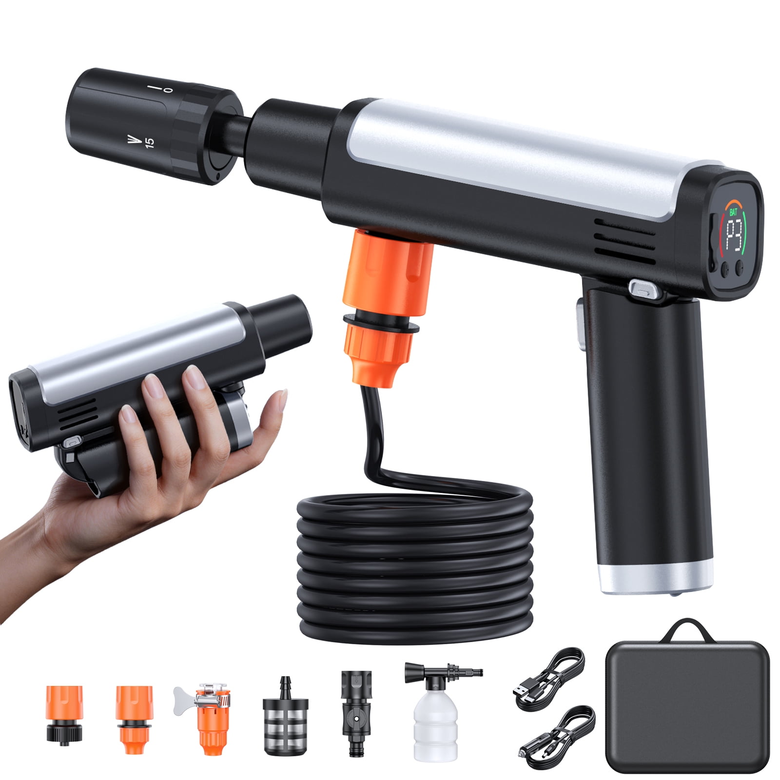 ManTong Foldable Cordless Pressure Washer, Portable Battery Power Cleaner with 5-in-1 Nozzle & LCD Display (Black, 1 Unit) 9scmd