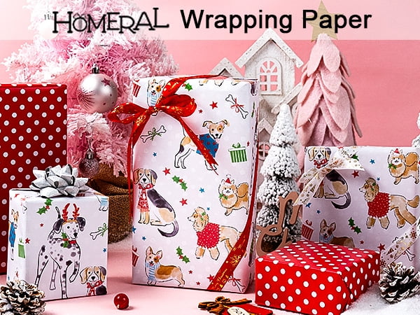HOMERAL Christmas Wrapping Paper Roll, Festive Dog Pattern Gift Wrap (White, 17 in x 33 ft) yhmhd